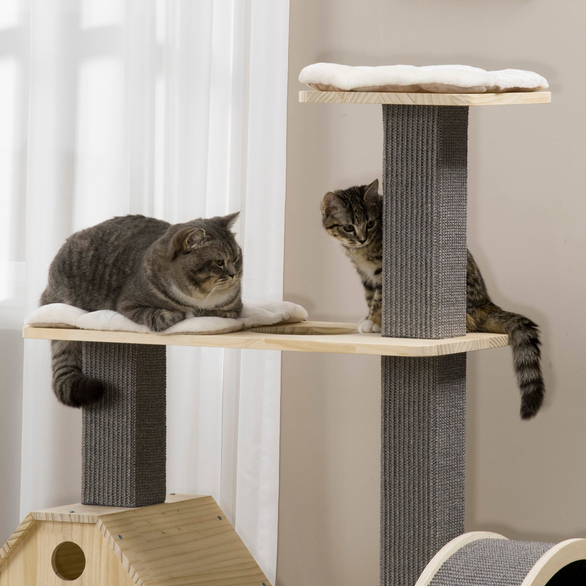 PawHut 53" Modern Cat Tree with Scratching Posts & Wheel, Small Cat Tree with Double-Layer Cushioned House, Small Cat Tower for Indoor Cat Furniture, Climbing Wooden Cat Tree
