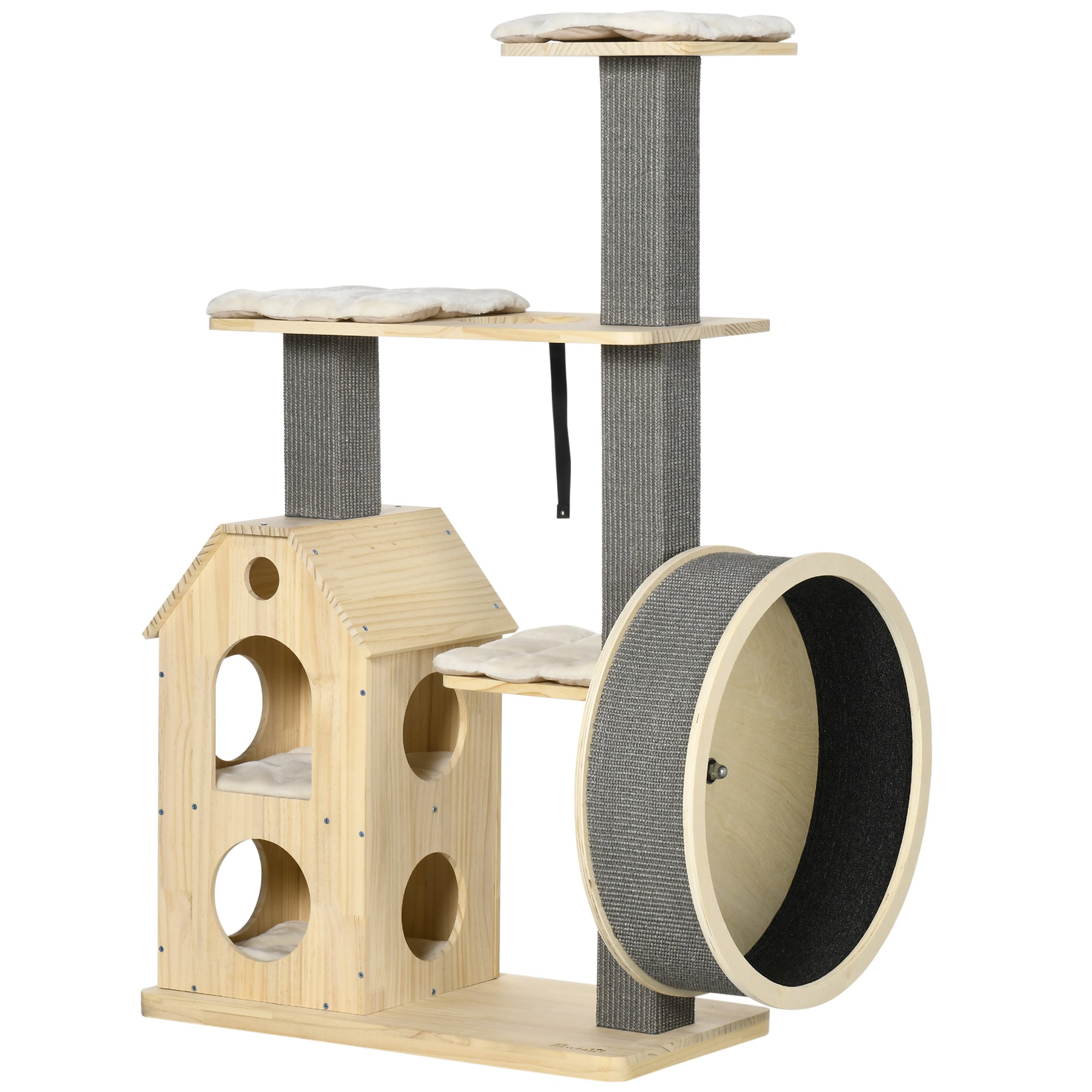 PawHut 53" Modern Cat Tree with Scratching Posts & Wheel, Small Cat Tree with Double-Layer Cushioned House, Small Cat Tower for Indoor Cat Furniture, Climbing Wooden Cat Tree