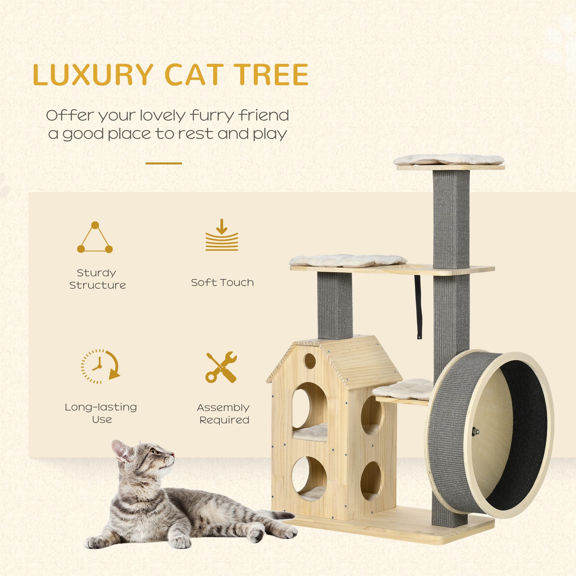 PawHut 53" Modern Cat Tree with Scratching Posts & Wheel, Small Cat Tree with Double-Layer Cushioned House, Small Cat Tower for Indoor Cat Furniture, Climbing Wooden Cat Tree