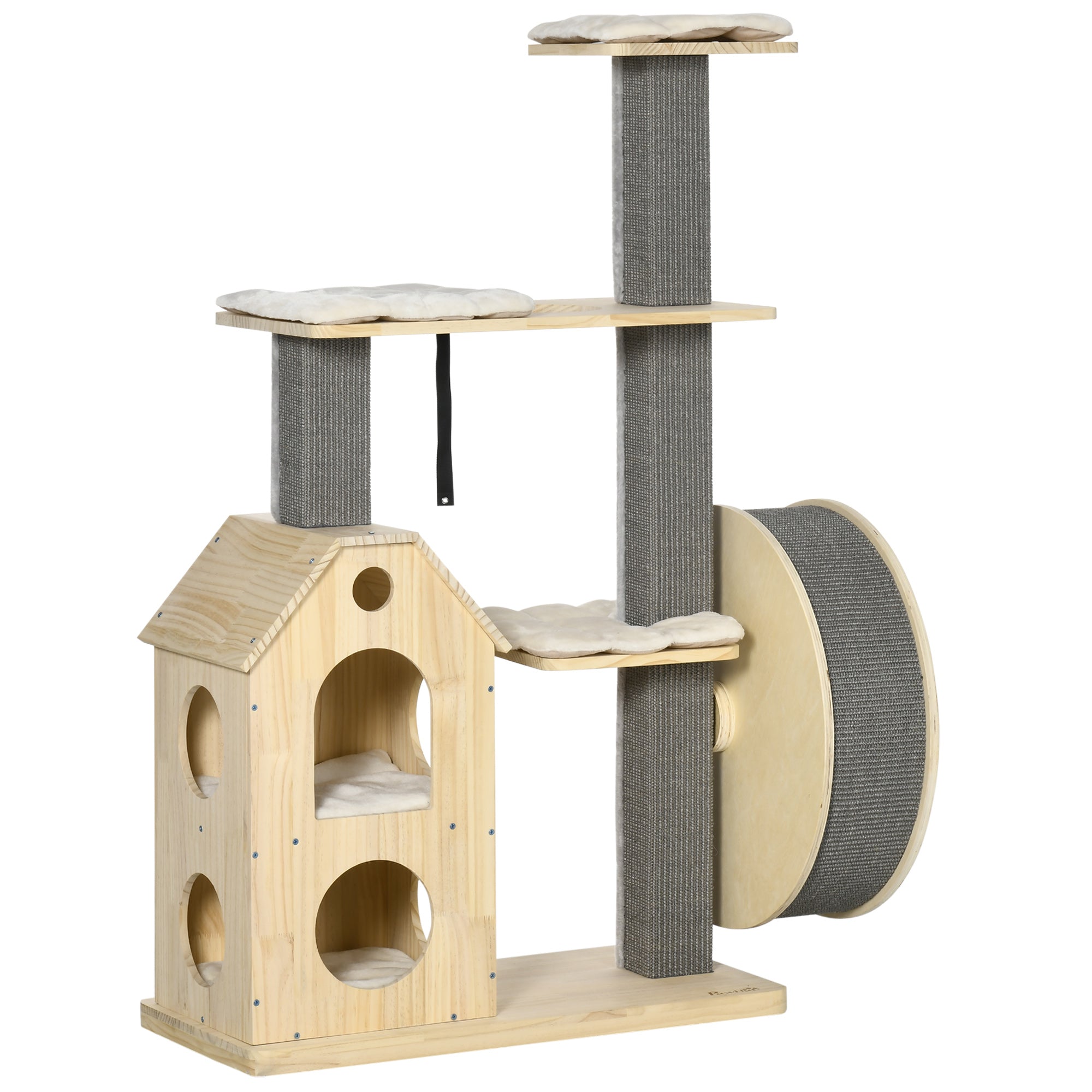 PawHut 53" Modern Cat Tree with Scratching Posts & Wheel, Small Cat Tree with Double-Layer Cushioned House, Small Cat Tower for Indoor Cat Furniture, Climbing Wooden Cat Tree