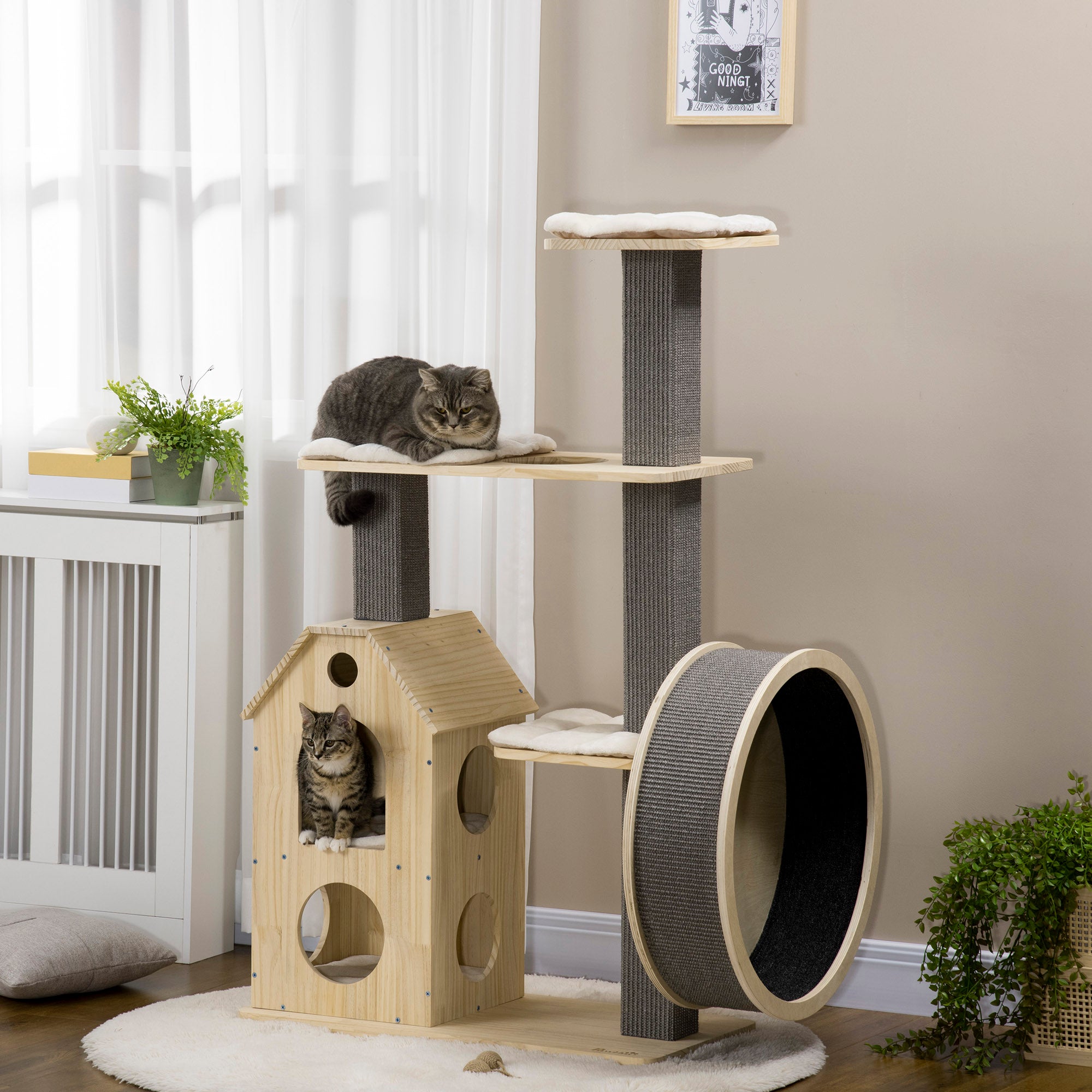 PawHut 53" Modern Cat Tree with Scratching Posts & Wheel, Small Cat Tree with Double-Layer Cushioned House, Small Cat Tower for Indoor Cat Furniture, Climbing Wooden Cat Tree