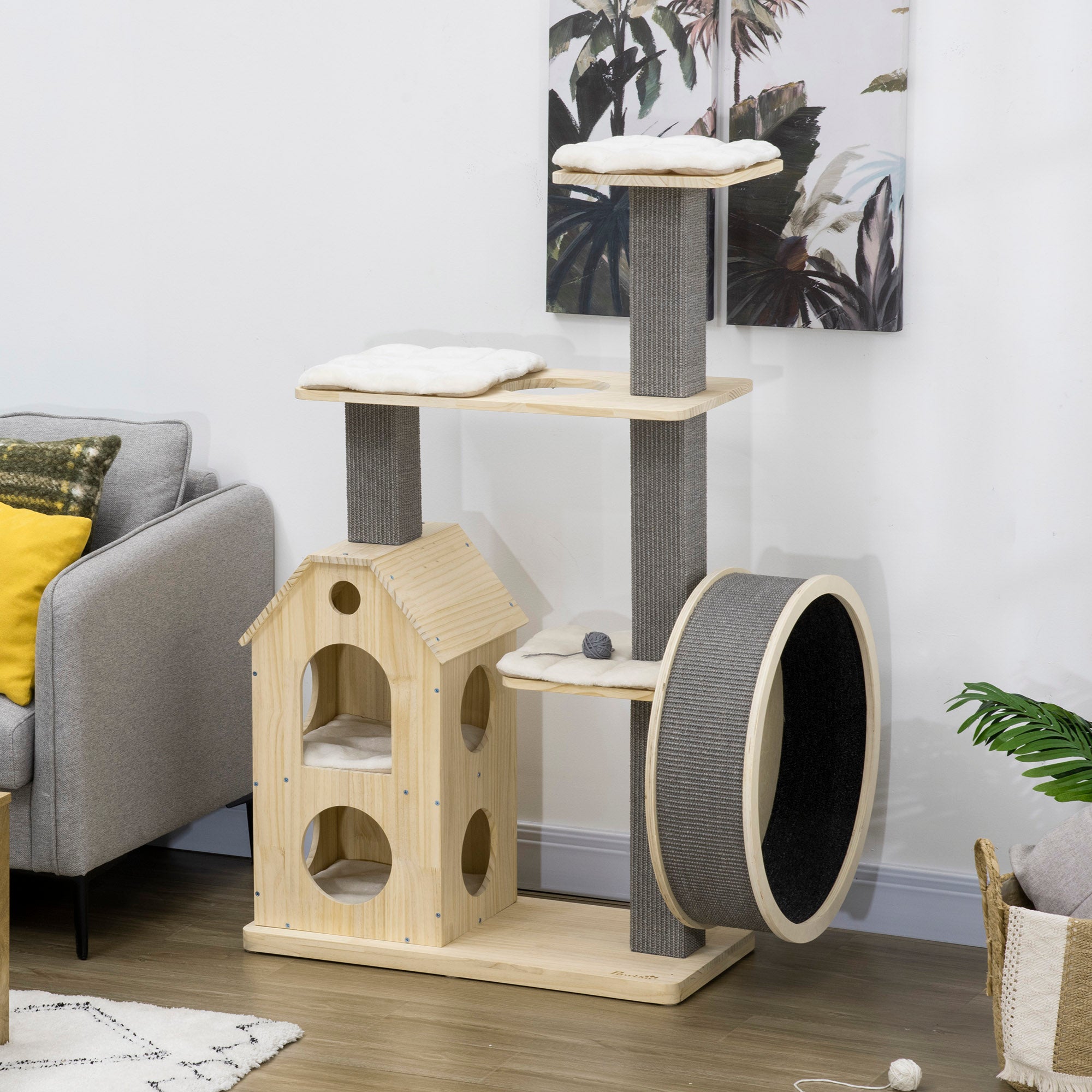 PawHut 53" Modern Cat Tree with Scratching Posts & Wheel, Small Cat Tree with Double-Layer Cushioned House, Small Cat Tower for Indoor Cat Furniture, Climbing Wooden Cat Tree