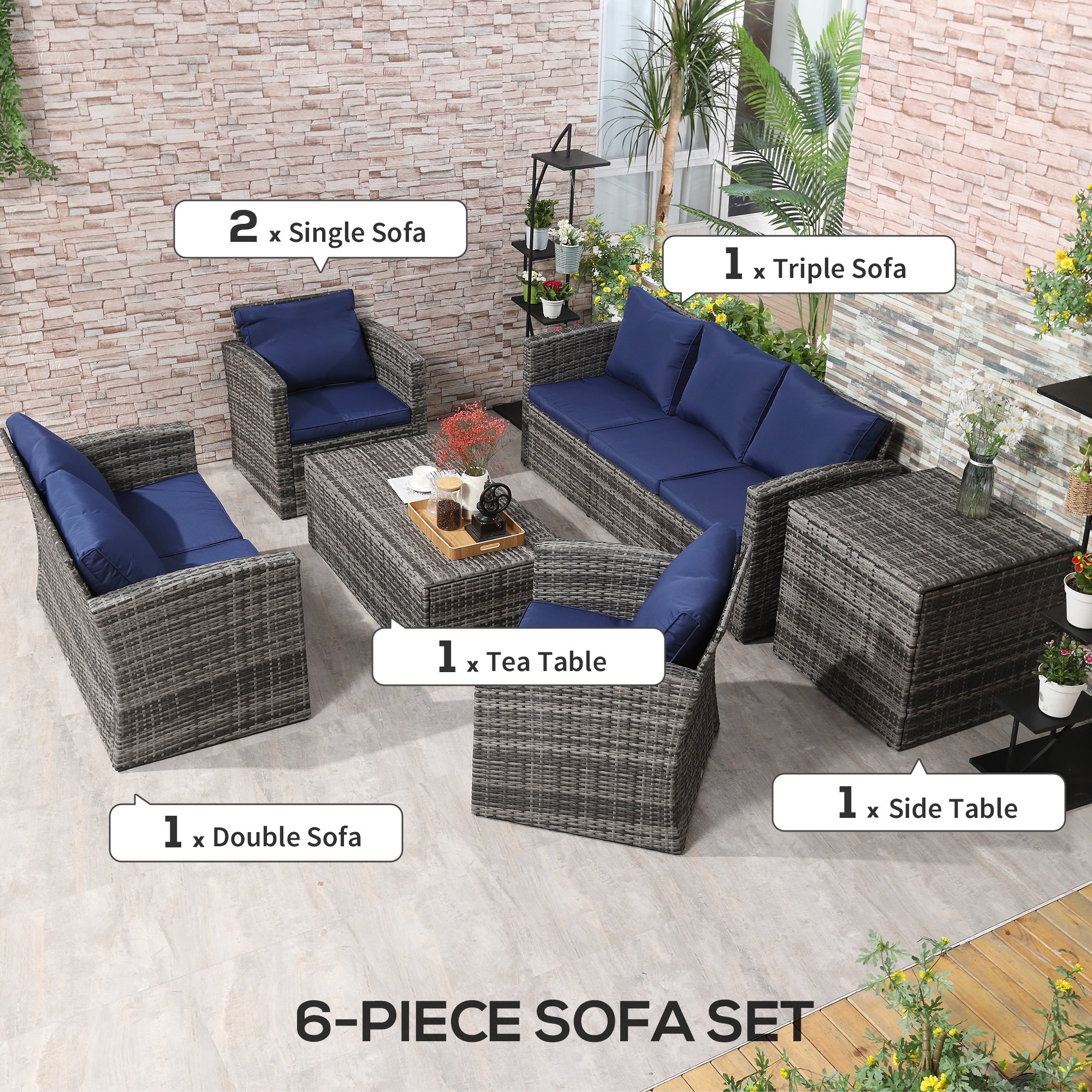 Outsunny 6 Pieces Wicker Patio Furniture Set with Cushions, 7-Seater Rattan Patio Sofa Set with Storage Coffee Table & Side Table, Sectional Outdoor Furniture Set, Navy Blue