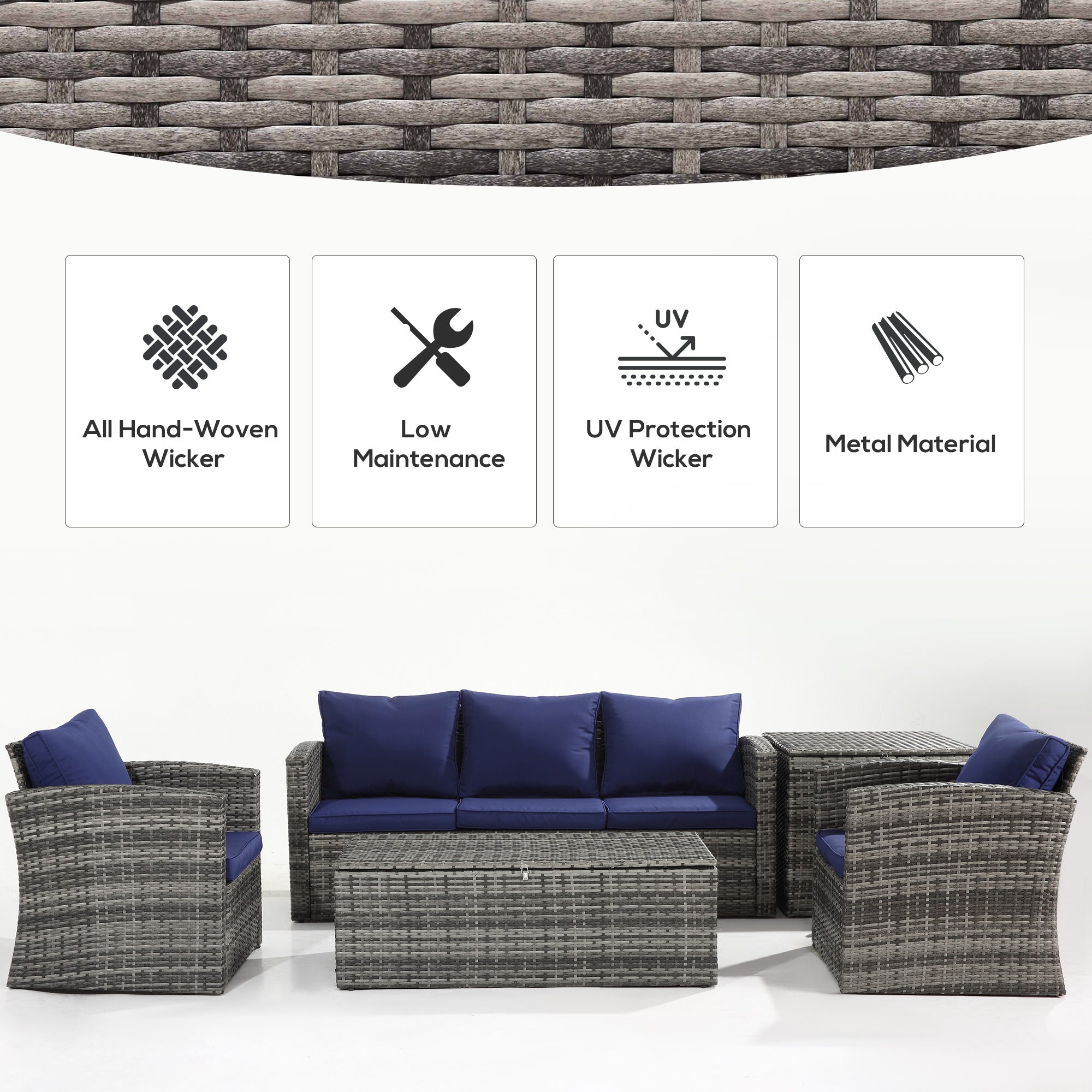 Outsunny 6 Pieces Wicker Patio Furniture Set with Cushions, 7-Seater Rattan Patio Sofa Set with Storage Coffee Table & Side Table, Sectional Outdoor Furniture Set, Navy Blue