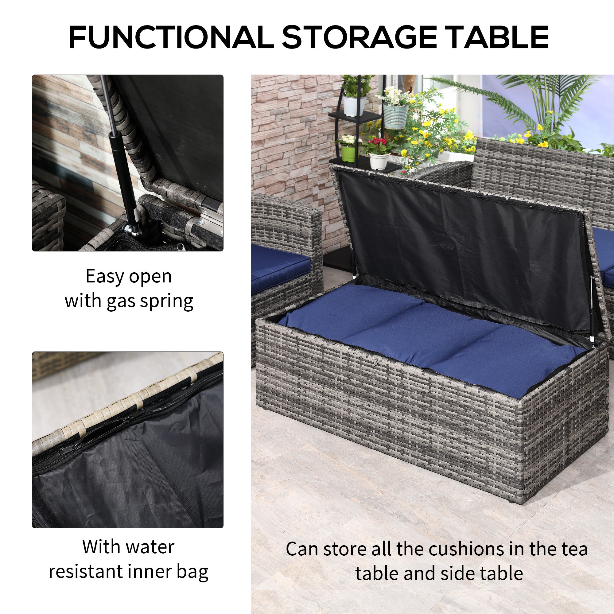 Outsunny 6 Pieces Wicker Patio Furniture Set with Cushions, 7-Seater Rattan Patio Sofa Set with Storage Coffee Table & Side Table, Sectional Outdoor Furniture Set, Navy Blue