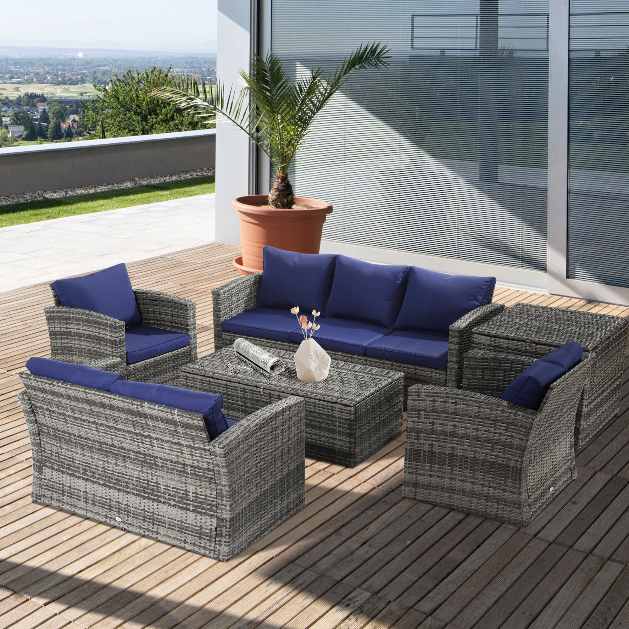 Outsunny 6 Pieces Wicker Patio Furniture Set with Cushions, 7-Seater Rattan Patio Sofa Set with Storage Coffee Table & Side Table, Sectional Outdoor Furniture Set, Navy Blue