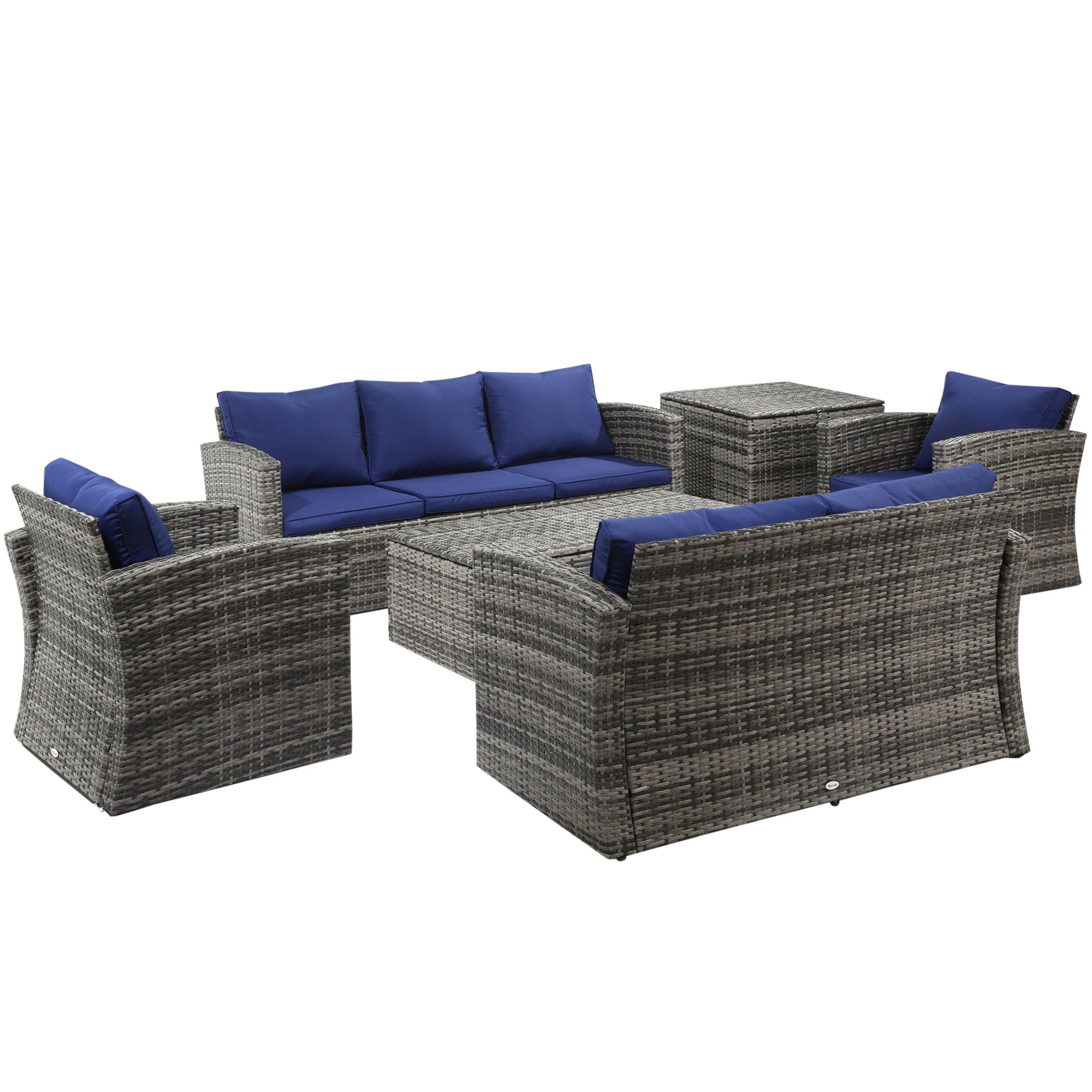 Outsunny 6 Pieces Wicker Patio Furniture Set with Cushions, 7-Seater Rattan Patio Sofa Set with Storage Coffee Table & Side Table, Sectional Outdoor Furniture Set, Navy Blue