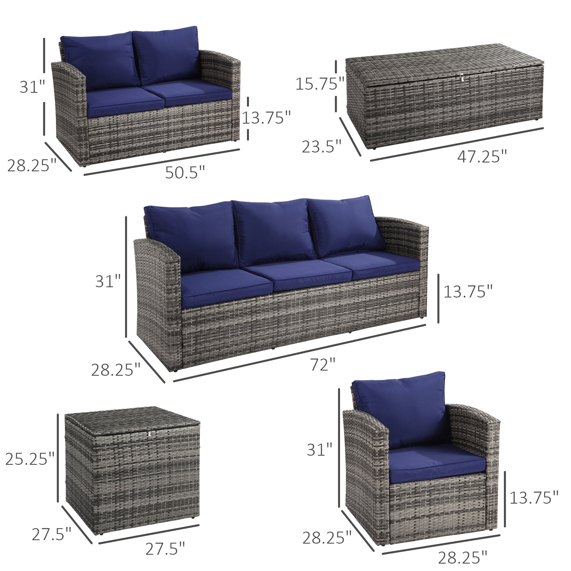 Outsunny 6 Pieces Wicker Patio Furniture Set with Cushions, 7-Seater Rattan Patio Sofa Set with Storage Coffee Table & Side Table, Sectional Outdoor Furniture Set, Navy Blue