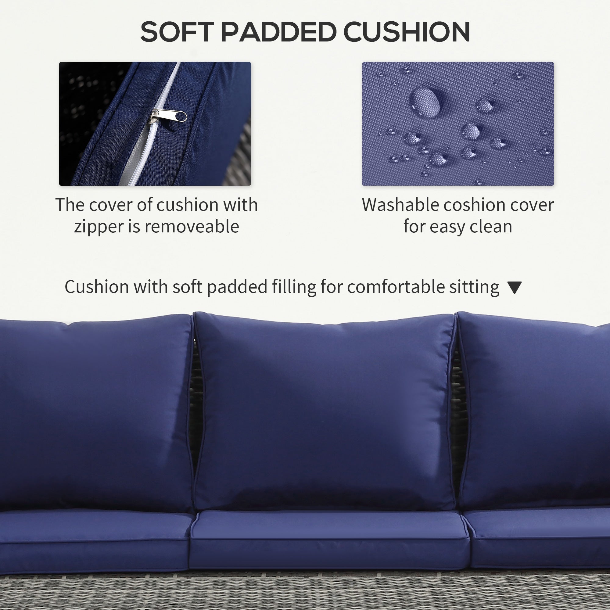 Outsunny 6 Pieces Wicker Patio Furniture Set with Cushions, 7-Seater Rattan Patio Sofa Set with Storage Coffee Table & Side Table, Sectional Outdoor Furniture Set, Navy Blue