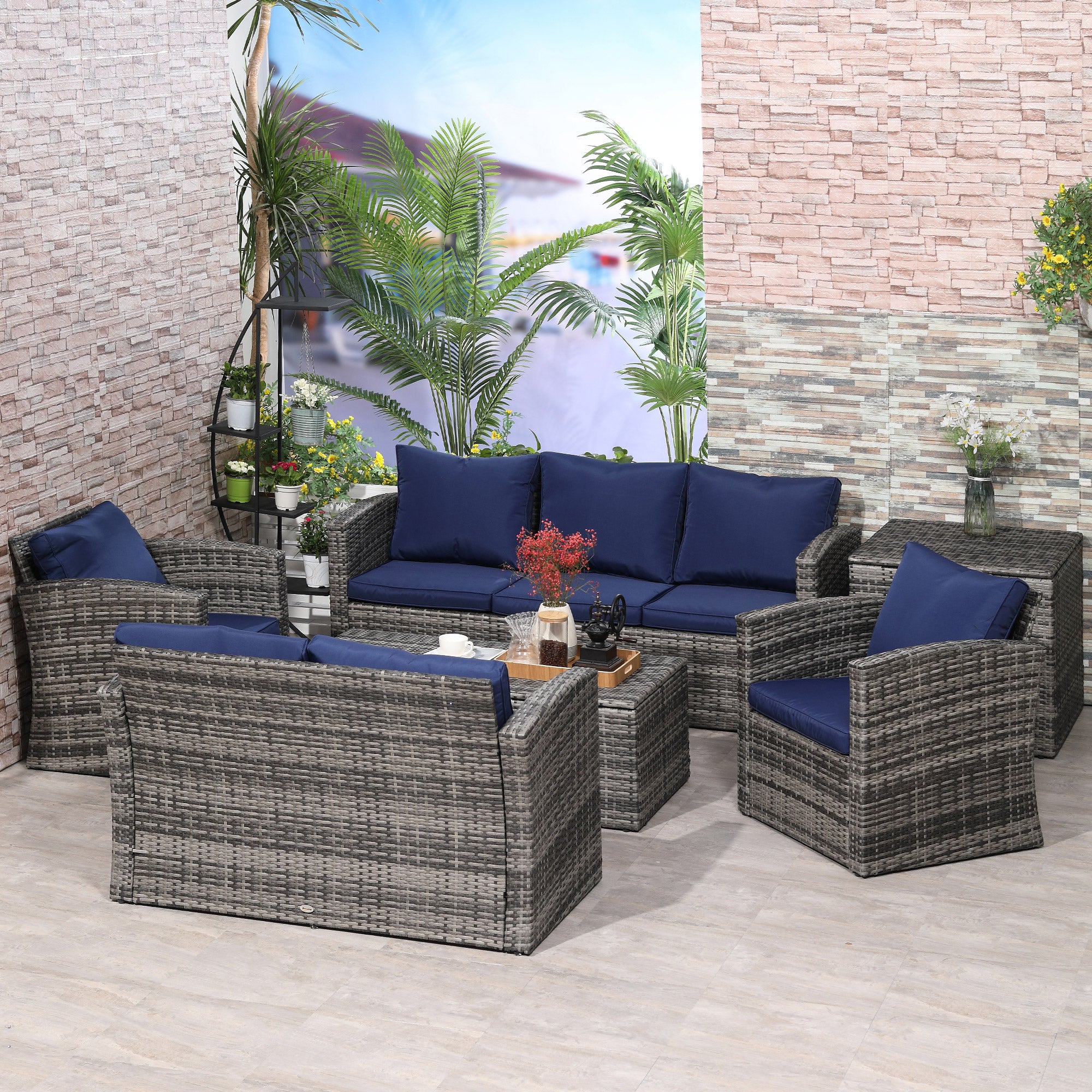 Outsunny 6 Pieces Wicker Patio Furniture Set with Cushions, 7-Seater Rattan Patio Sofa Set with Storage Coffee Table & Side Table, Sectional Outdoor Furniture Set, Navy Blue