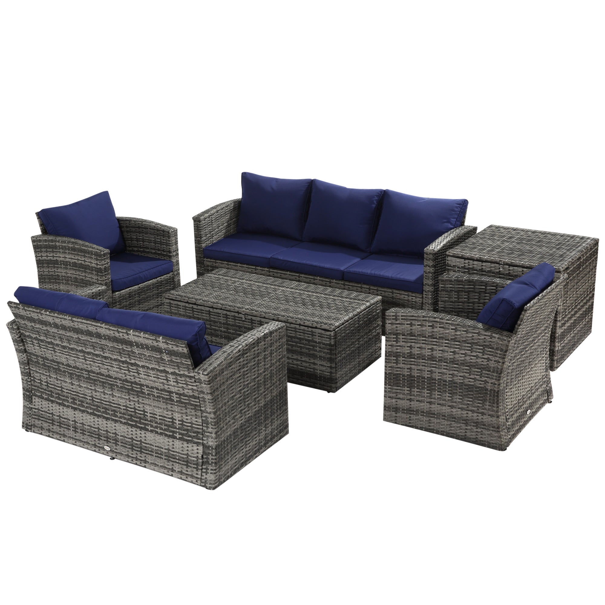 Outsunny 6 Pieces Wicker Patio Furniture Set with Cushions, 7-Seater Rattan Patio Sofa Set with Storage Coffee Table & Side Table, Sectional Outdoor Furniture Set, Navy Blue