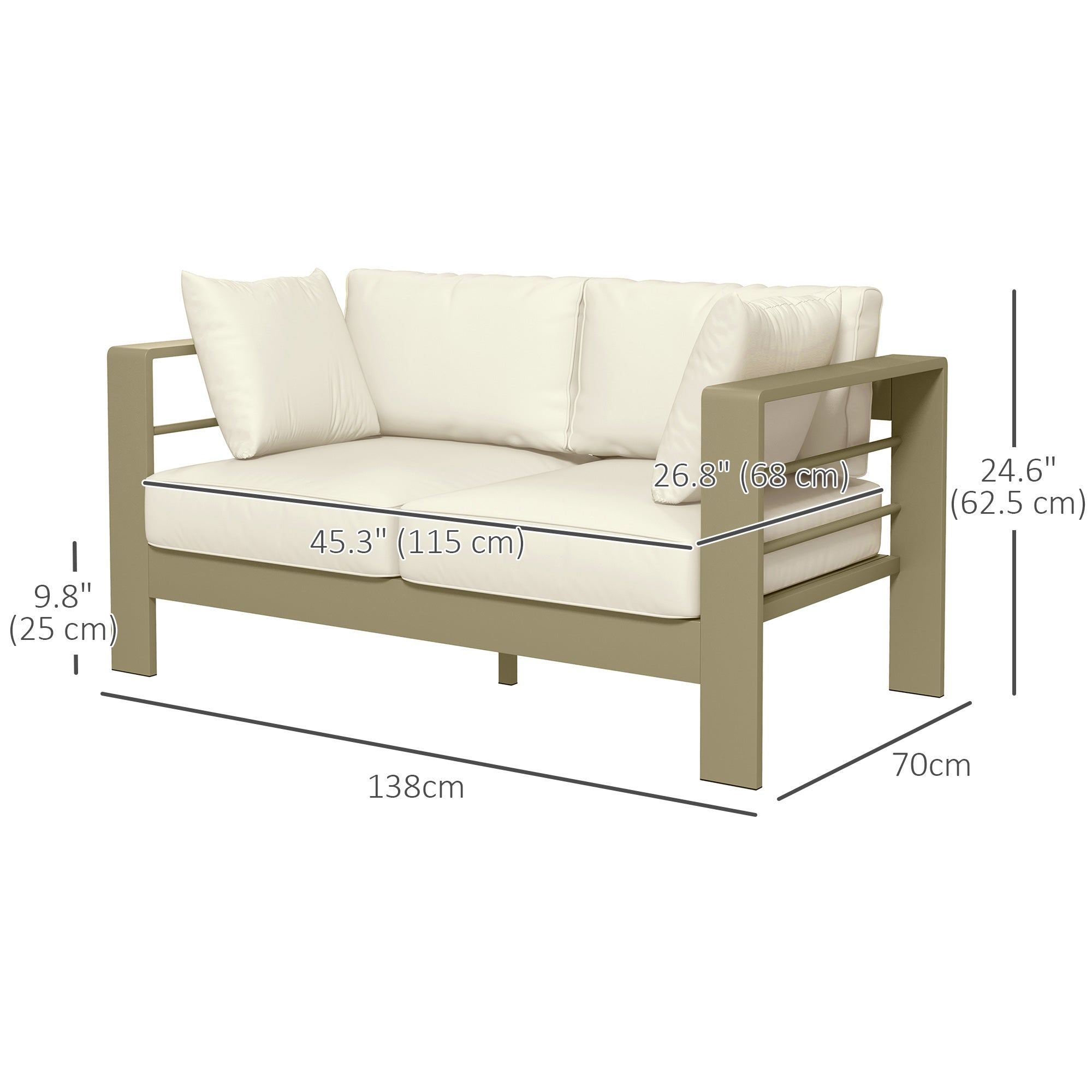 Outsunny Aluminum Patio Loveseat with Thick Cushions, Outdoor Seating for 2 with Armrests, All-Weather Garden Sofa, for Garden, Balcony, Backyard, 54.3"x27.6"x24.6", Cream White