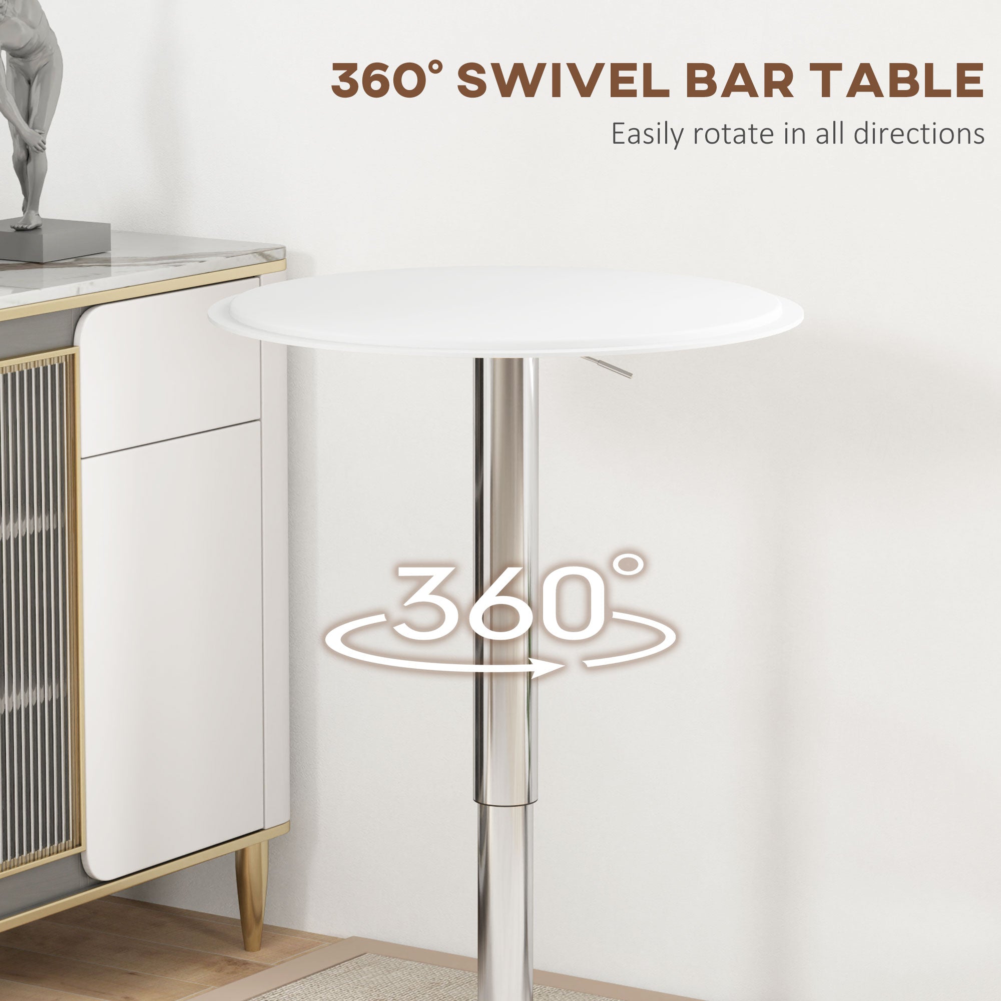 HOMCOM Round Bar Table, Adjustment Height Home Pub Bistro Table Faux Leather Covered Wooden Top Chrome Base, White