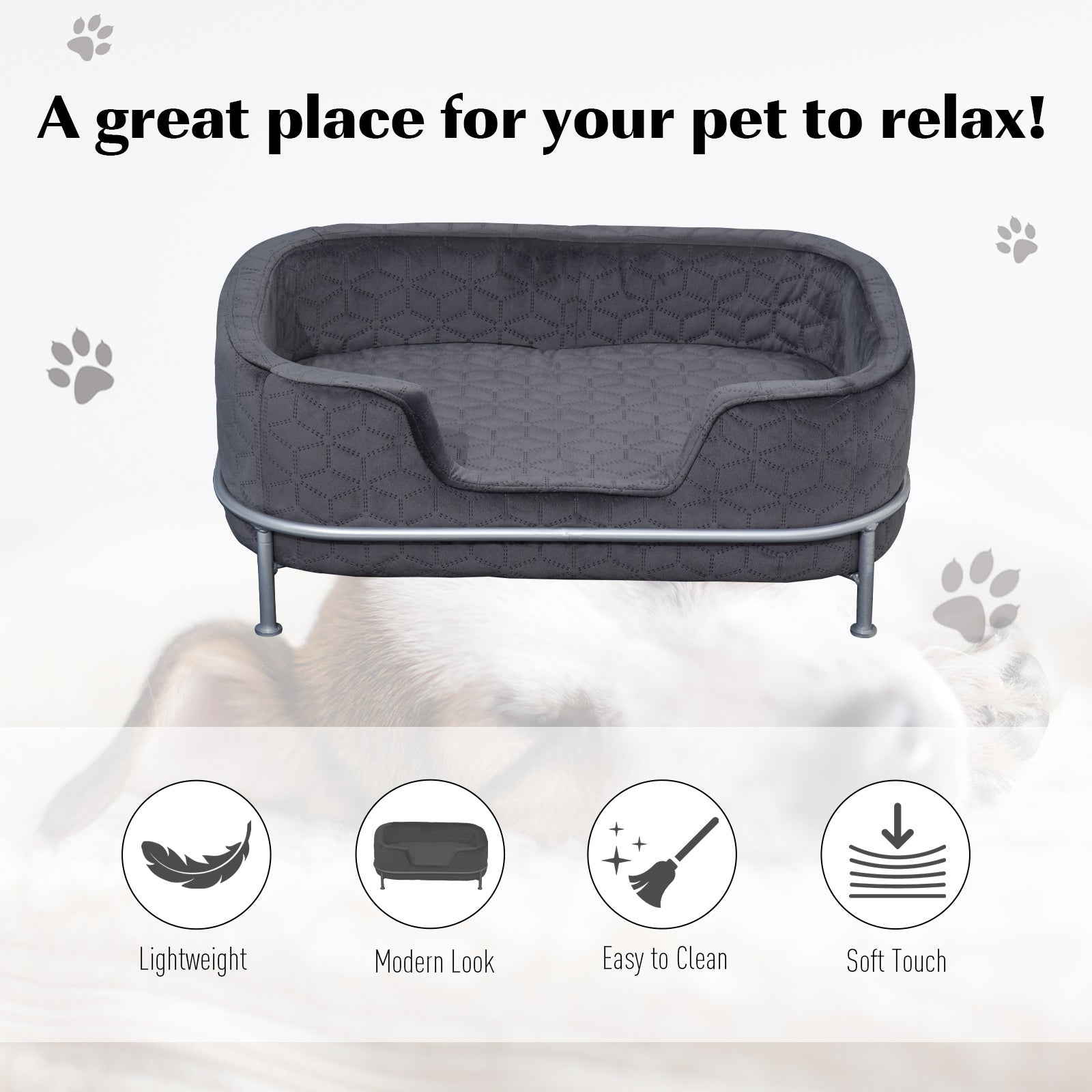 PawHut Dog Sofa Pet Couch, Velvet-feel Kitten Bed Lounge with Soft Cushion Washable Cover Metal Frame for Small Sized Dogs - Grey