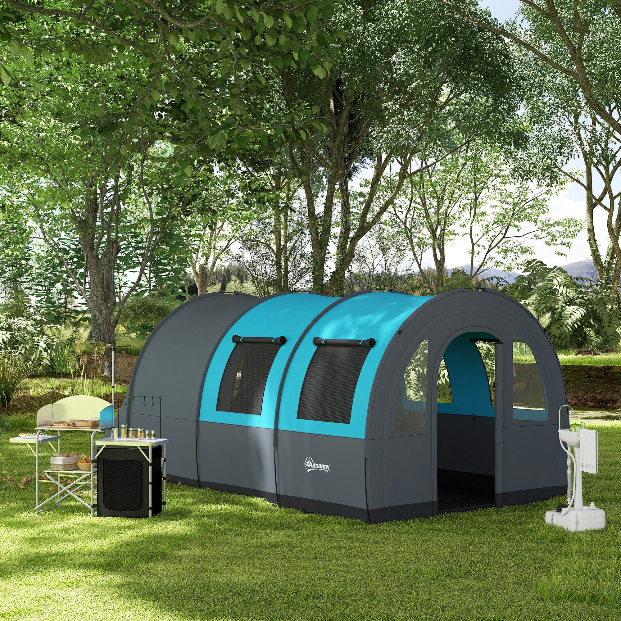 Outsunny Folding Camping Kitchen with Storage Organizer, Portable Camping Table, Aluminum Camp Cook Station with Windshield, Light Stand, Carrying Bag for BBQ, RV, Picnic, Silver
