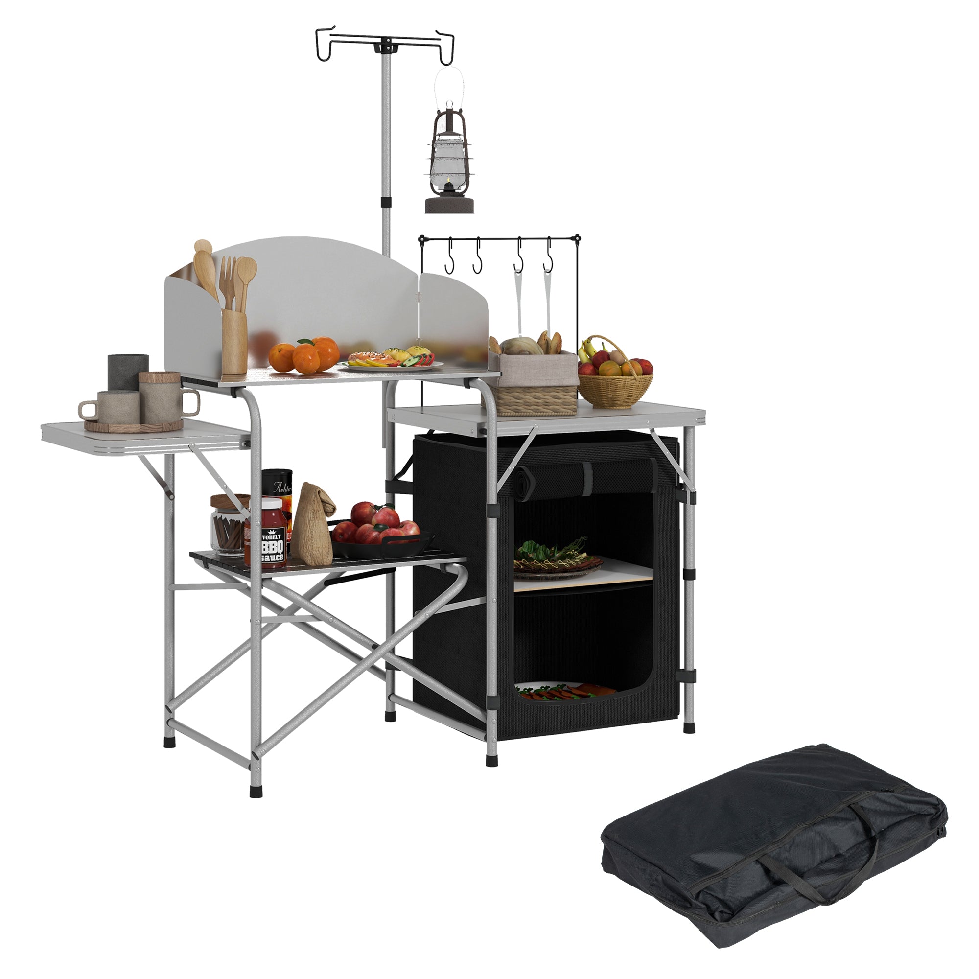 Outsunny Folding Camping Kitchen with Storage Organizer, Portable Camping Table, Aluminum Camp Cook Station with Windshield, Light Stand, Carrying Bag for BBQ, RV, Picnic, Silver