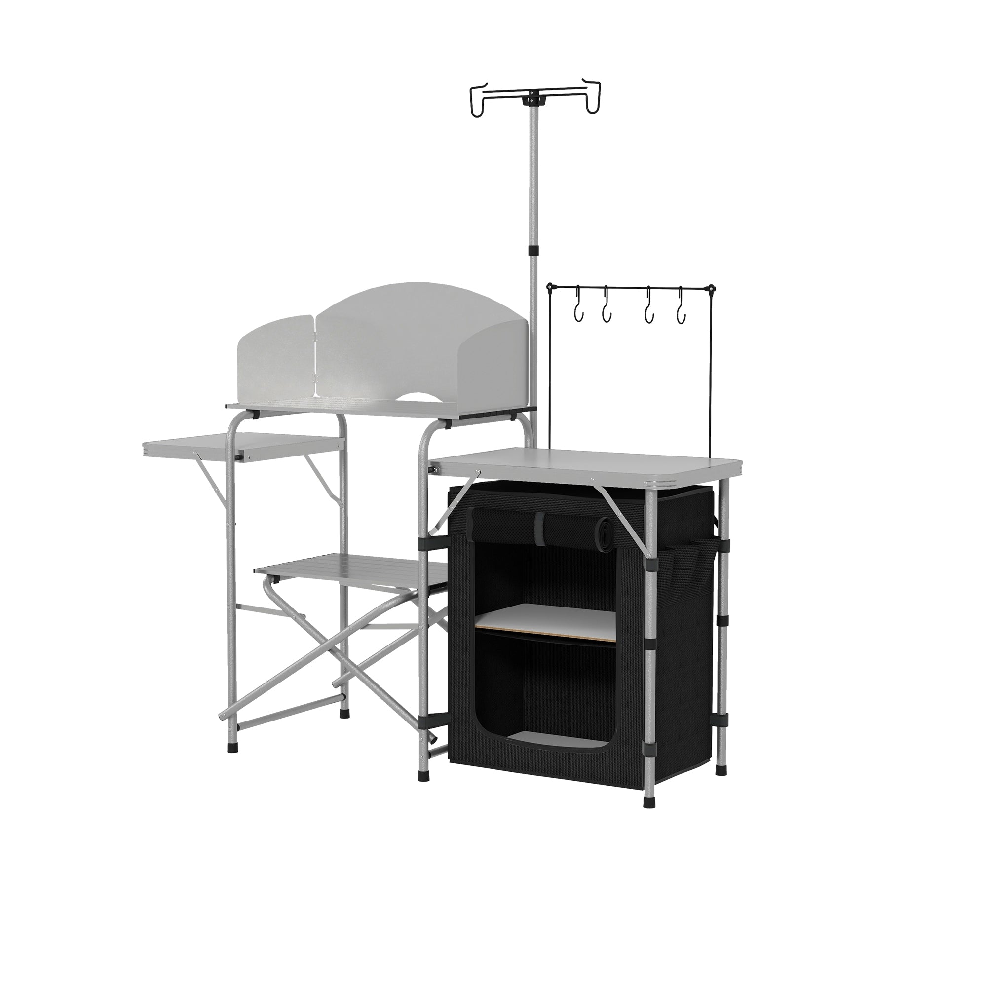 Outsunny Folding Camping Kitchen with Storage Organizer, Portable Camping Table, Aluminum Camp Cook Station with Windshield, Light Stand, Carrying Bag for BBQ, RV, Picnic, Silver