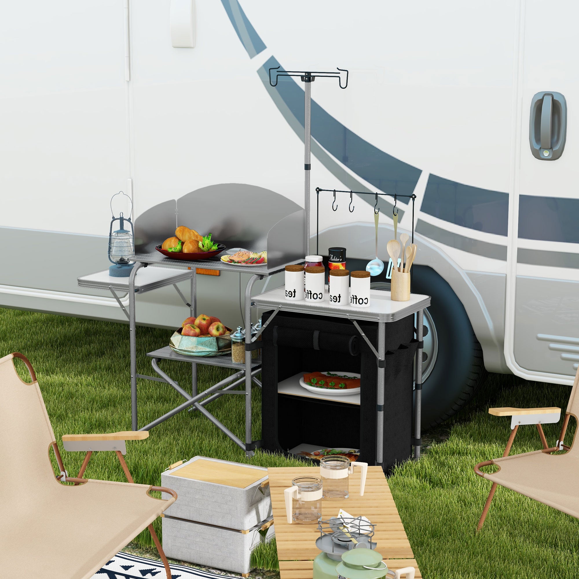 Outsunny Folding Camping Kitchen with Storage Organizer, Portable Camping Table, Aluminum Camp Cook Station with Windshield, Light Stand, Carrying Bag for BBQ, RV, Picnic, Silver