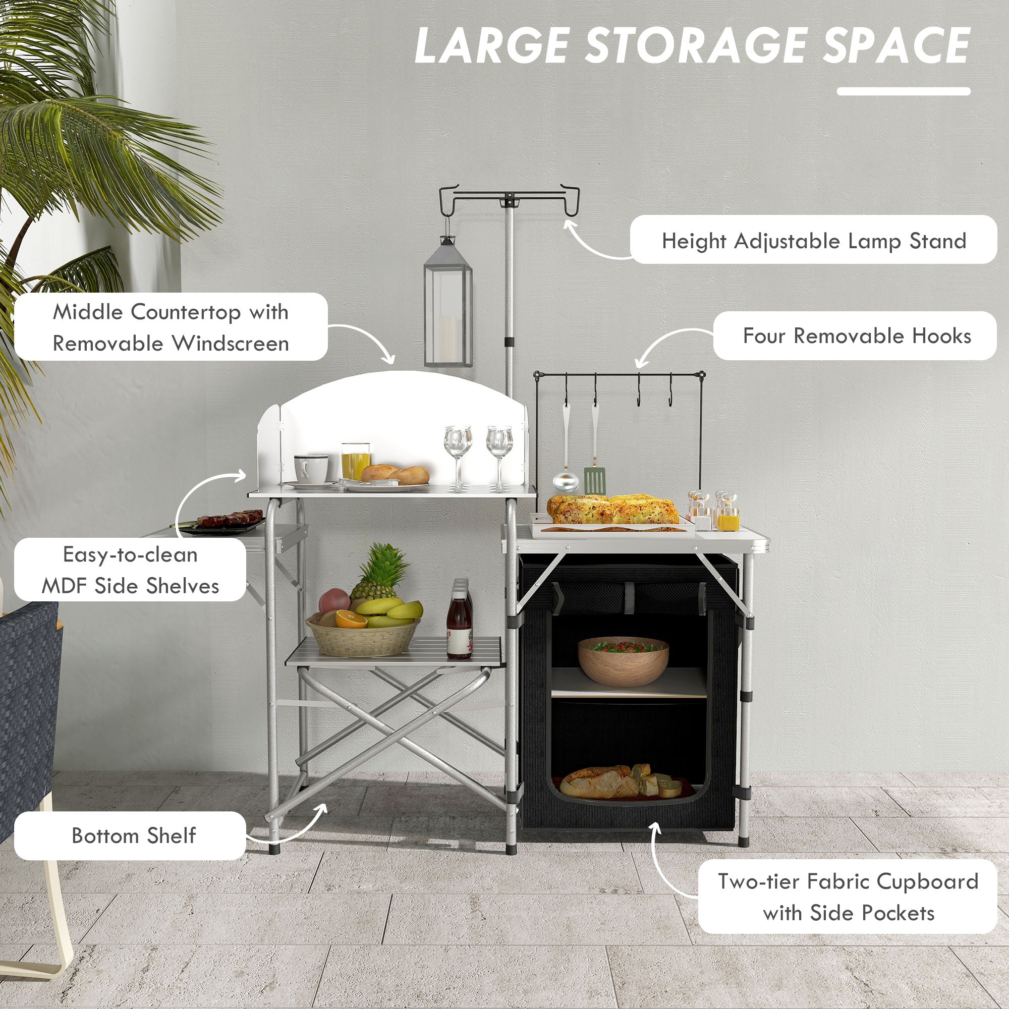 Outsunny Folding Camping Kitchen with Storage Organizer, Portable Camping Table, Aluminum Camp Cook Station with Windshield, Light Stand, Carrying Bag for BBQ, RV, Picnic, Silver
