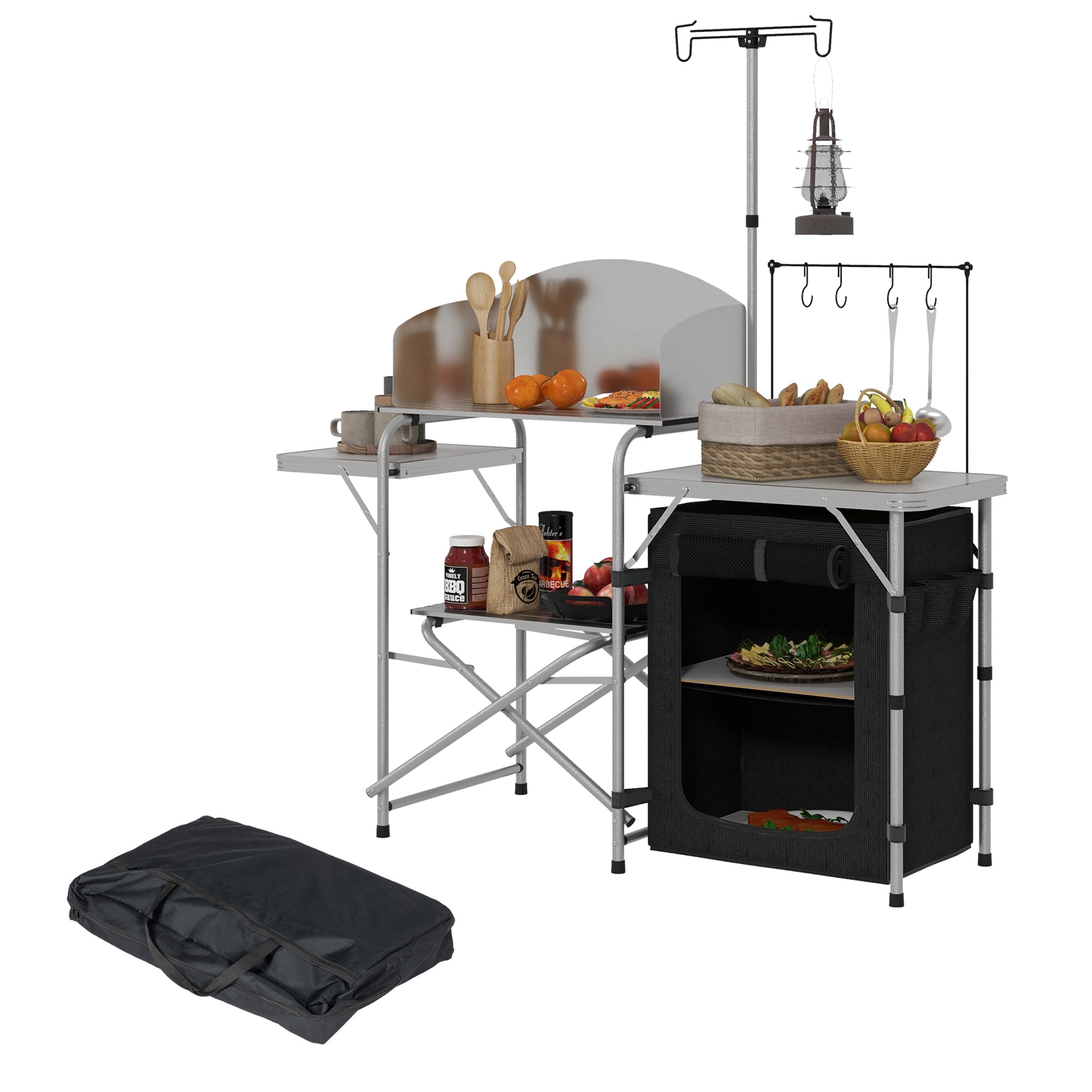 Outsunny Folding Camping Kitchen with Storage Organizer, Portable Camping Table, Aluminum Camp Cook Station with Windshield, Light Stand, Carrying Bag for BBQ, RV, Picnic, Silver