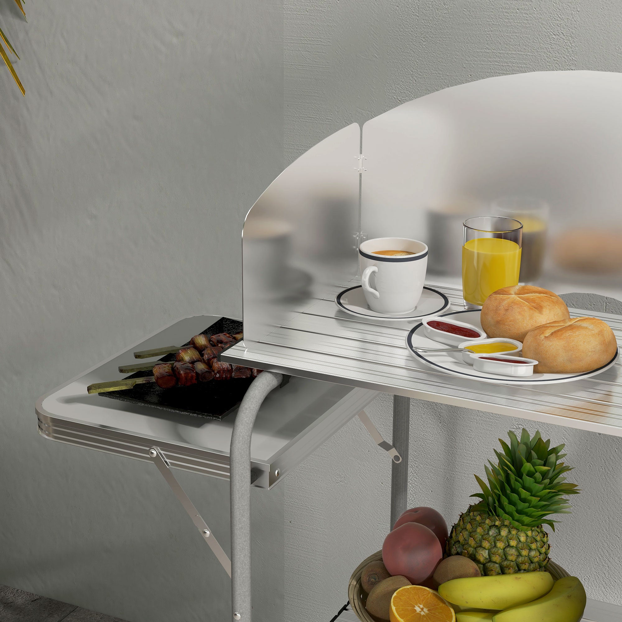 Outsunny Folding Camping Kitchen with Storage Organizer, Portable Camping Table, Aluminum Camp Cook Station with Windshield, Light Stand, Carrying Bag for BBQ, RV, Picnic, Silver