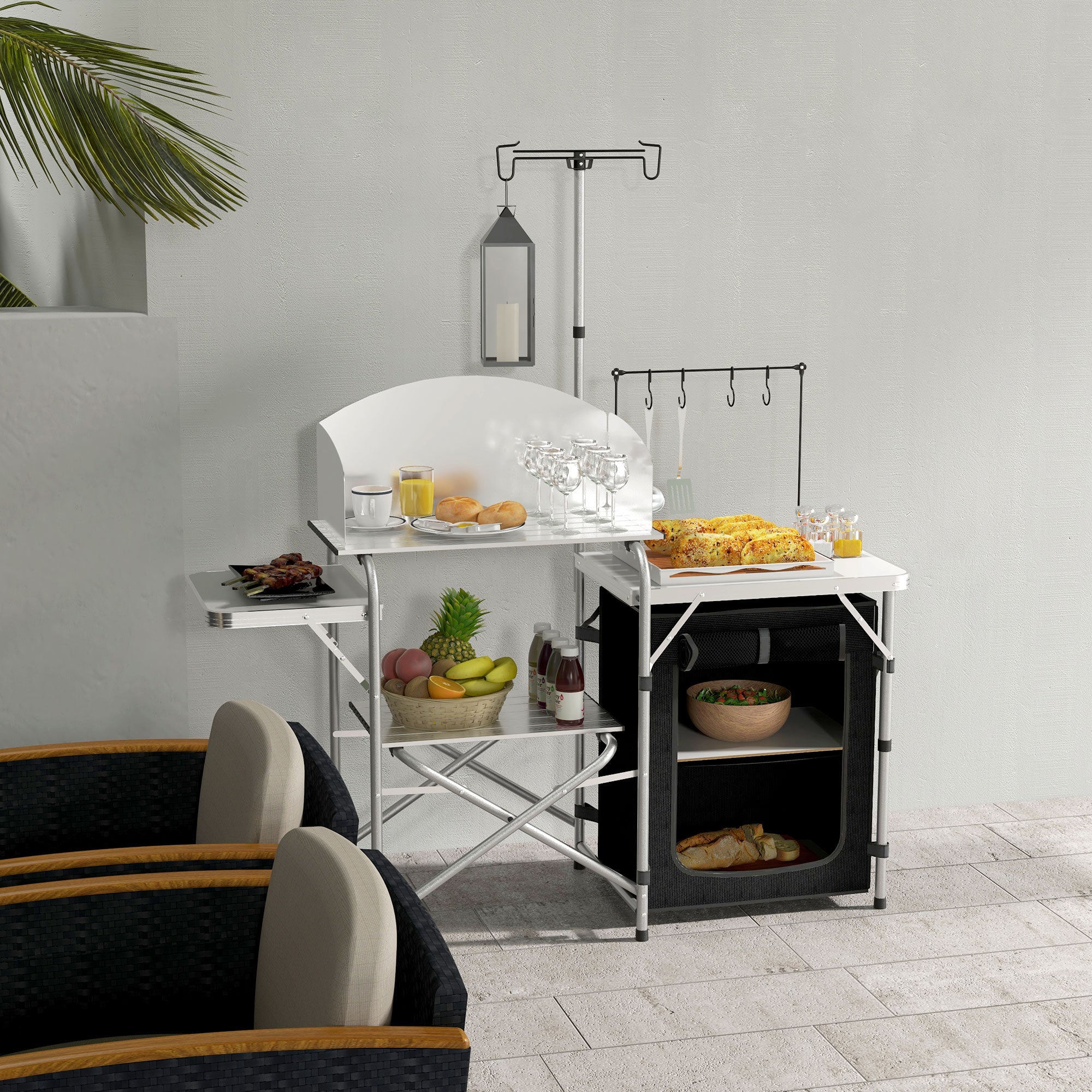 Outsunny Folding Camping Kitchen with Storage Organizer, Portable Camping Table, Aluminum Camp Cook Station with Windshield, Light Stand, Carrying Bag for BBQ, RV, Picnic, Silver