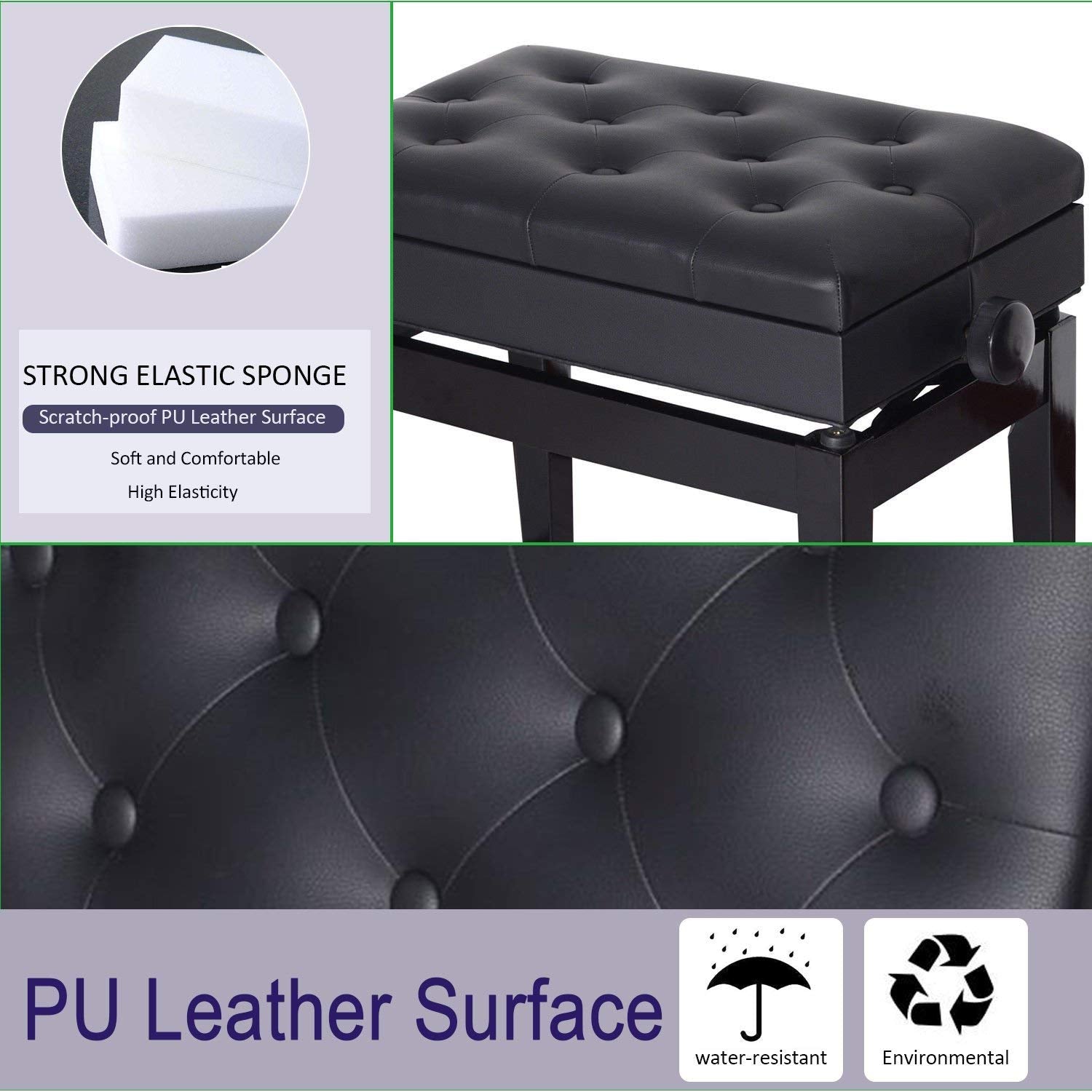 HOMCOM Height Adjustable Piano Bench with Thick and Soft PU Leather Padded, with Enough Music Storage Design, Black