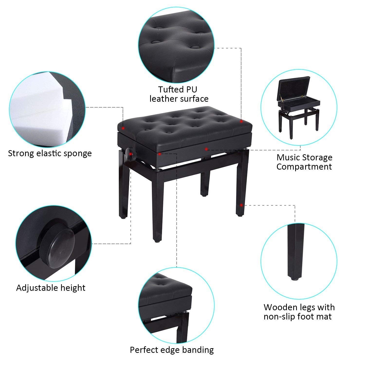 HOMCOM Height Adjustable Piano Bench with Thick and Soft PU Leather Padded, with Enough Music Storage Design, Black