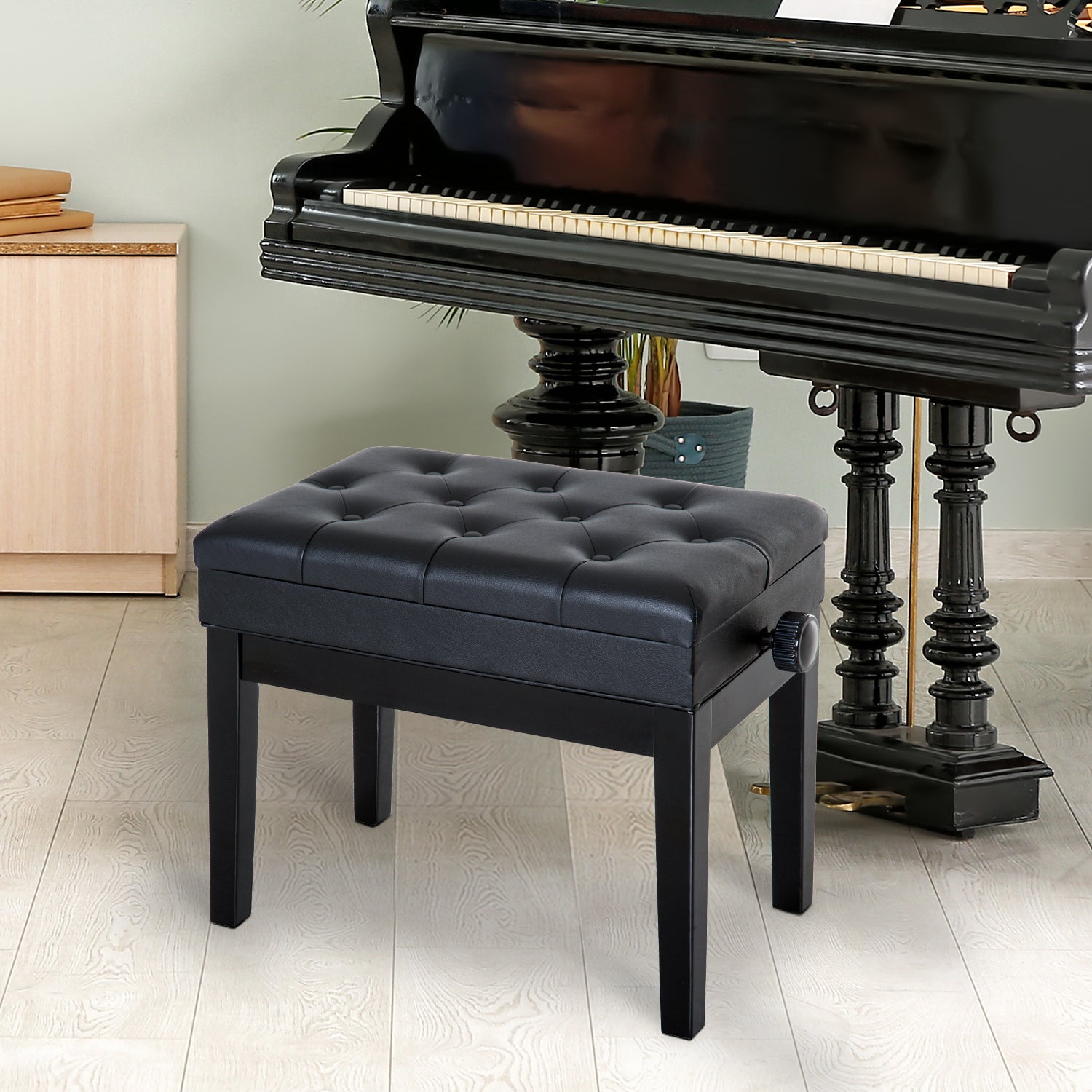 HOMCOM Height Adjustable Piano Bench with Thick and Soft PU Leather Padded, with Enough Music Storage Design, Black