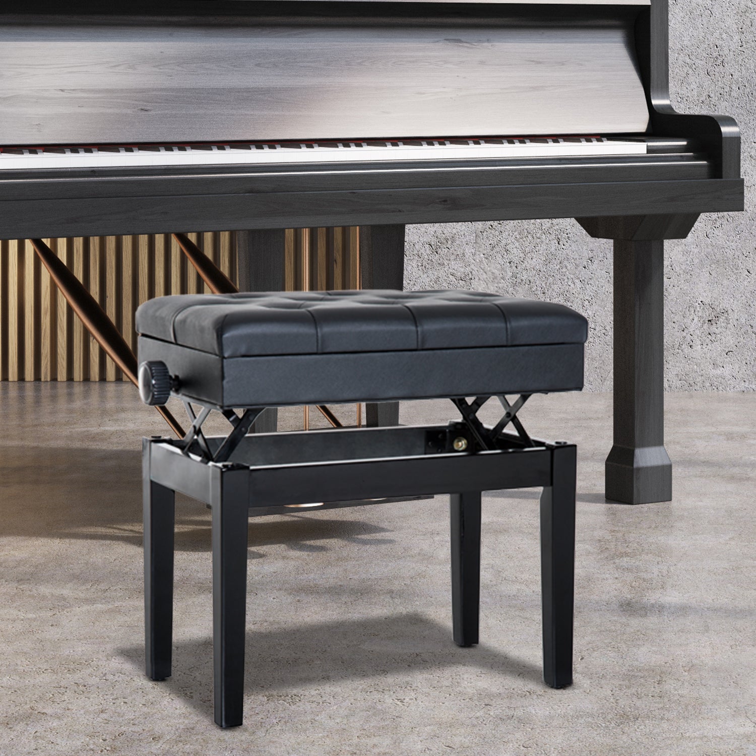 HOMCOM Height Adjustable Piano Bench with Thick and Soft PU Leather Padded, with Enough Music Storage Design, Black