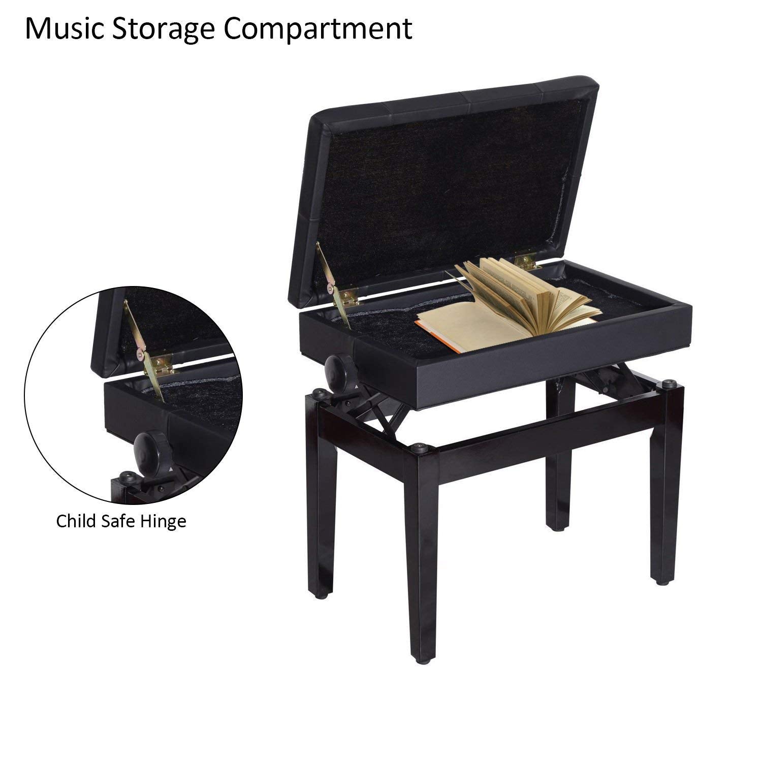HOMCOM Height Adjustable Piano Bench with Thick and Soft PU Leather Padded, with Enough Music Storage Design, Black