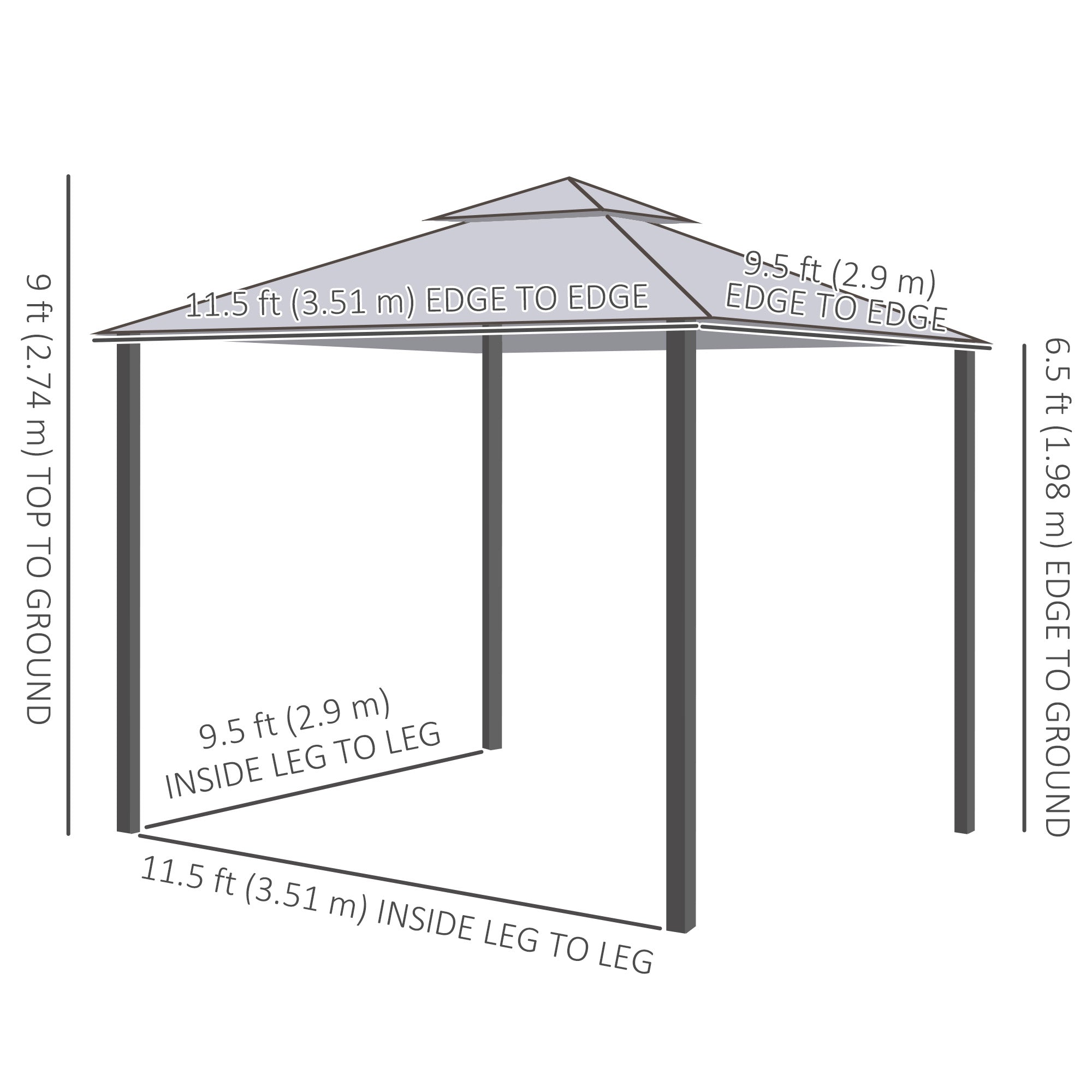 Outsunny 12' x 10' Patio Gazebo Outdoor Pavilion 2 Tire Roof Canopy Shelter Garden Event Party Tent Yard Sun Shade Steel Frame w/ Mosquito Netting, Light Grey