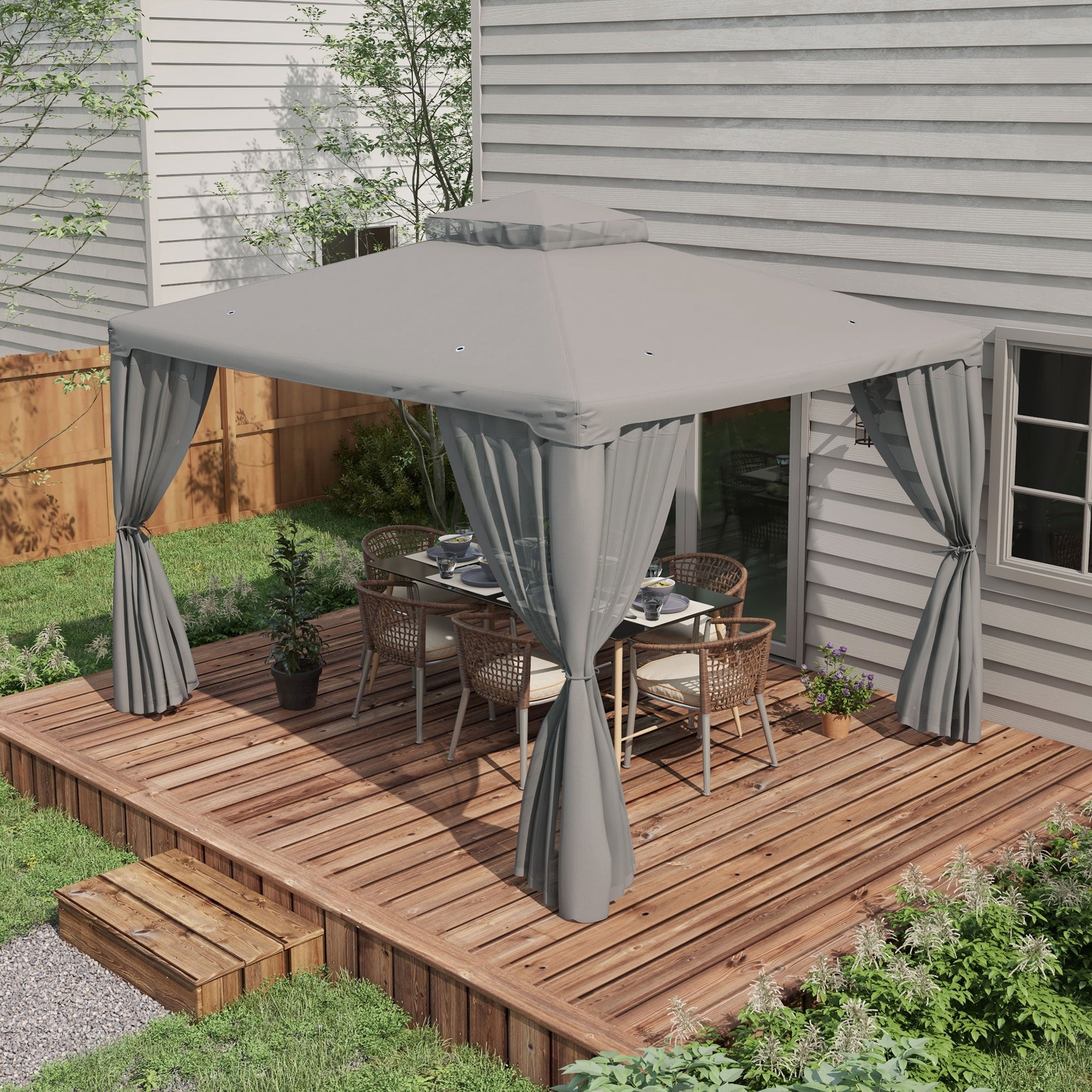 Outsunny 12' x 10' Patio Gazebo Outdoor Pavilion 2 Tire Roof Canopy Shelter Garden Event Party Tent Yard Sun Shade Steel Frame w/ Mosquito Netting, Light Grey