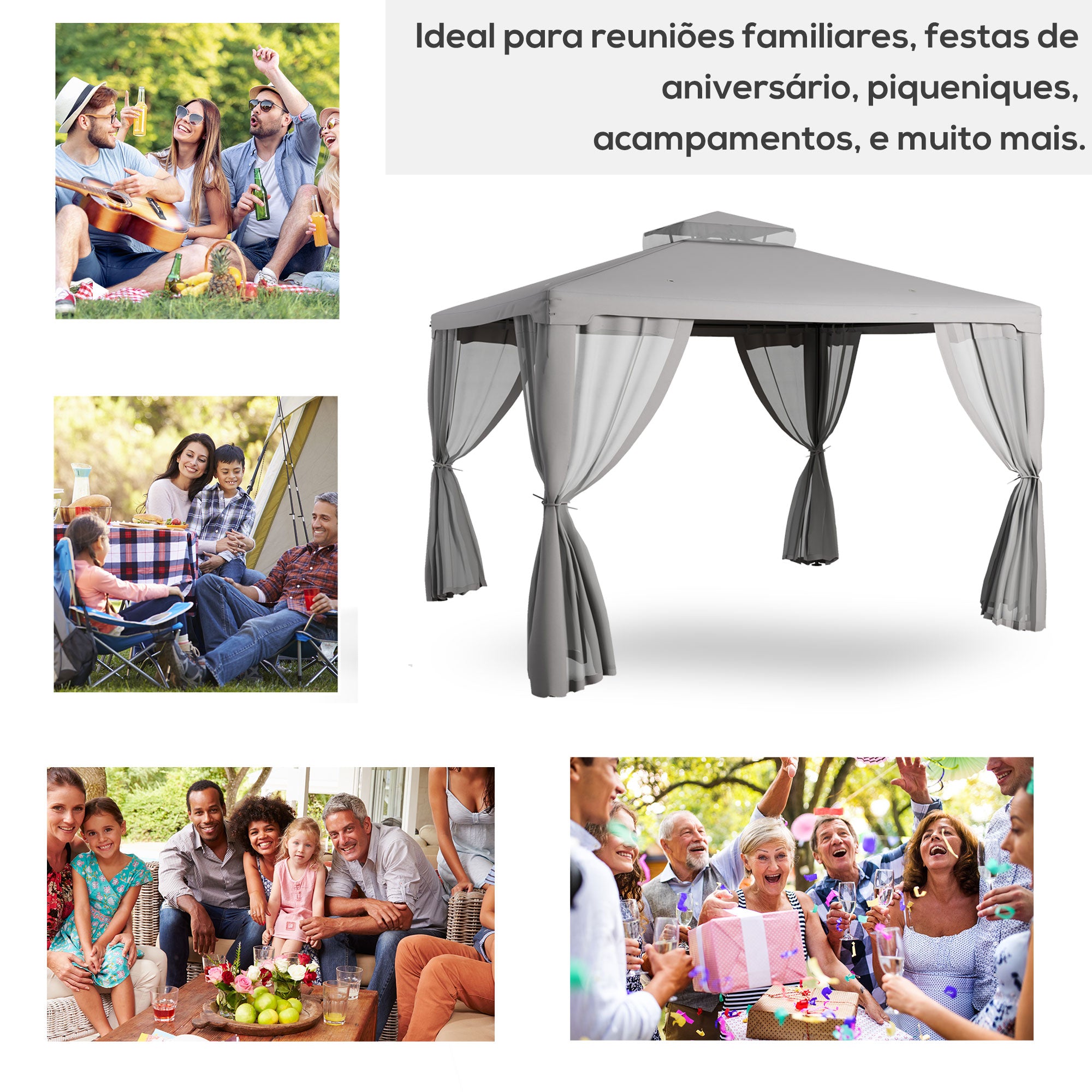 Outsunny 12' x 10' Patio Gazebo Outdoor Pavilion 2 Tire Roof Canopy Shelter Garden Event Party Tent Yard Sun Shade Steel Frame w/ Mosquito Netting, Light Grey