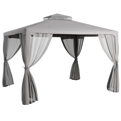 Outsunny 12' x 10' Patio Gazebo Outdoor Pavilion 2 Tire Roof Canopy Shelter Garden Event Party Tent Yard Sun Shade Steel Frame w/ Mosquito Netting, Light Grey