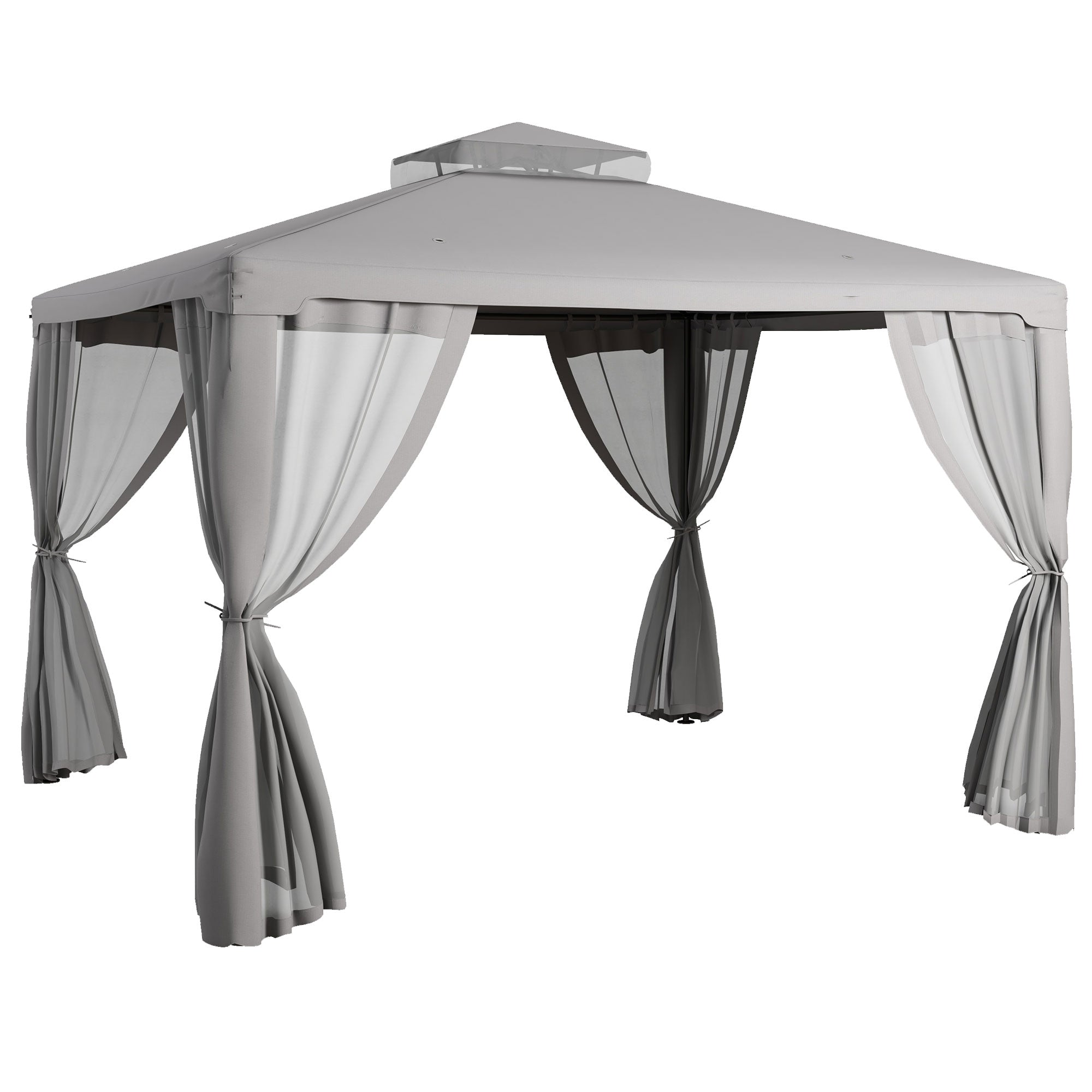 Outsunny 12' x 10' Patio Gazebo Outdoor Pavilion 2 Tire Roof Canopy Shelter Garden Event Party Tent Yard Sun Shade Steel Frame w/ Mosquito Netting, Light Grey
