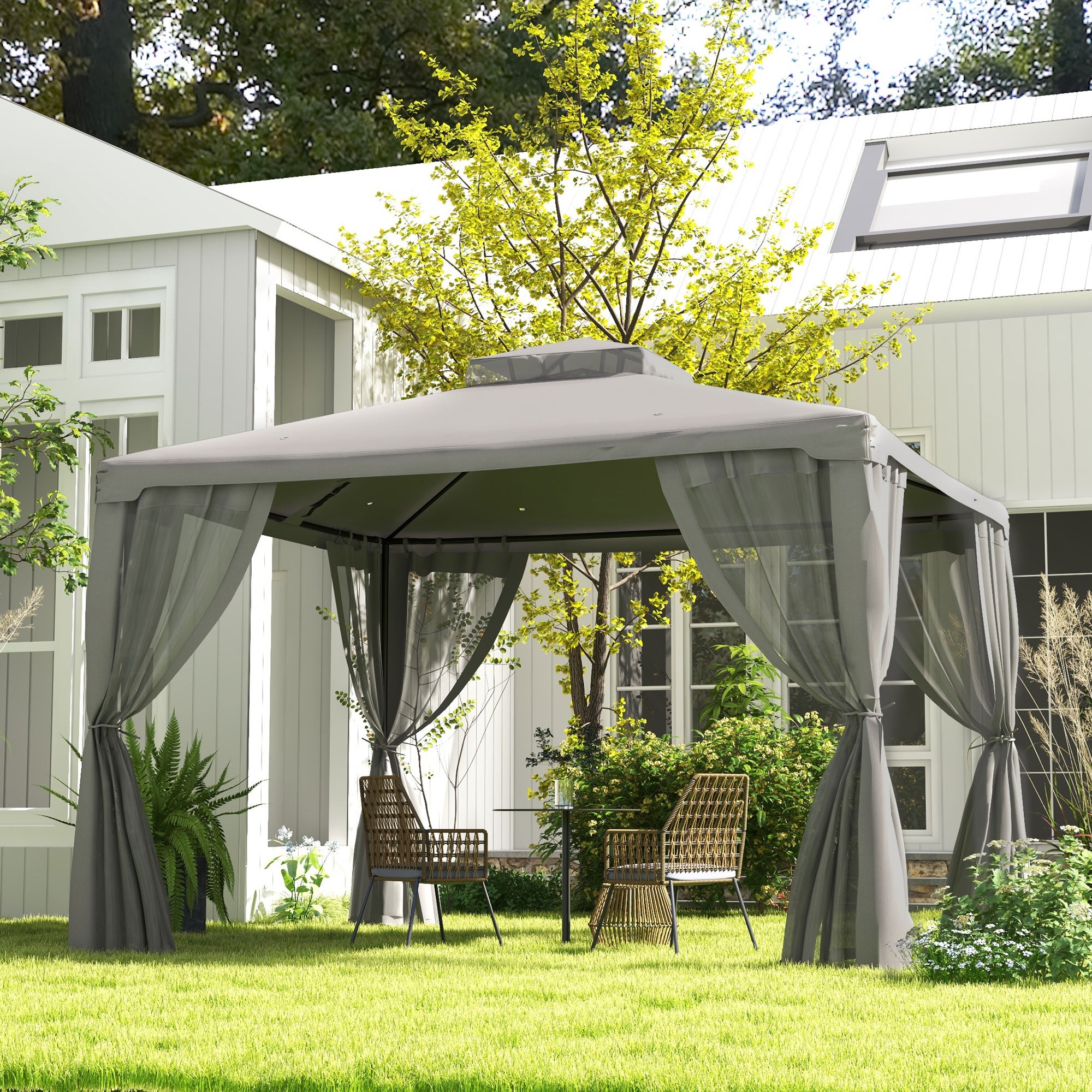 Outsunny 12' x 10' Patio Gazebo Outdoor Pavilion 2 Tire Roof Canopy Shelter Garden Event Party Tent Yard Sun Shade Steel Frame w/ Mosquito Netting, Light Grey