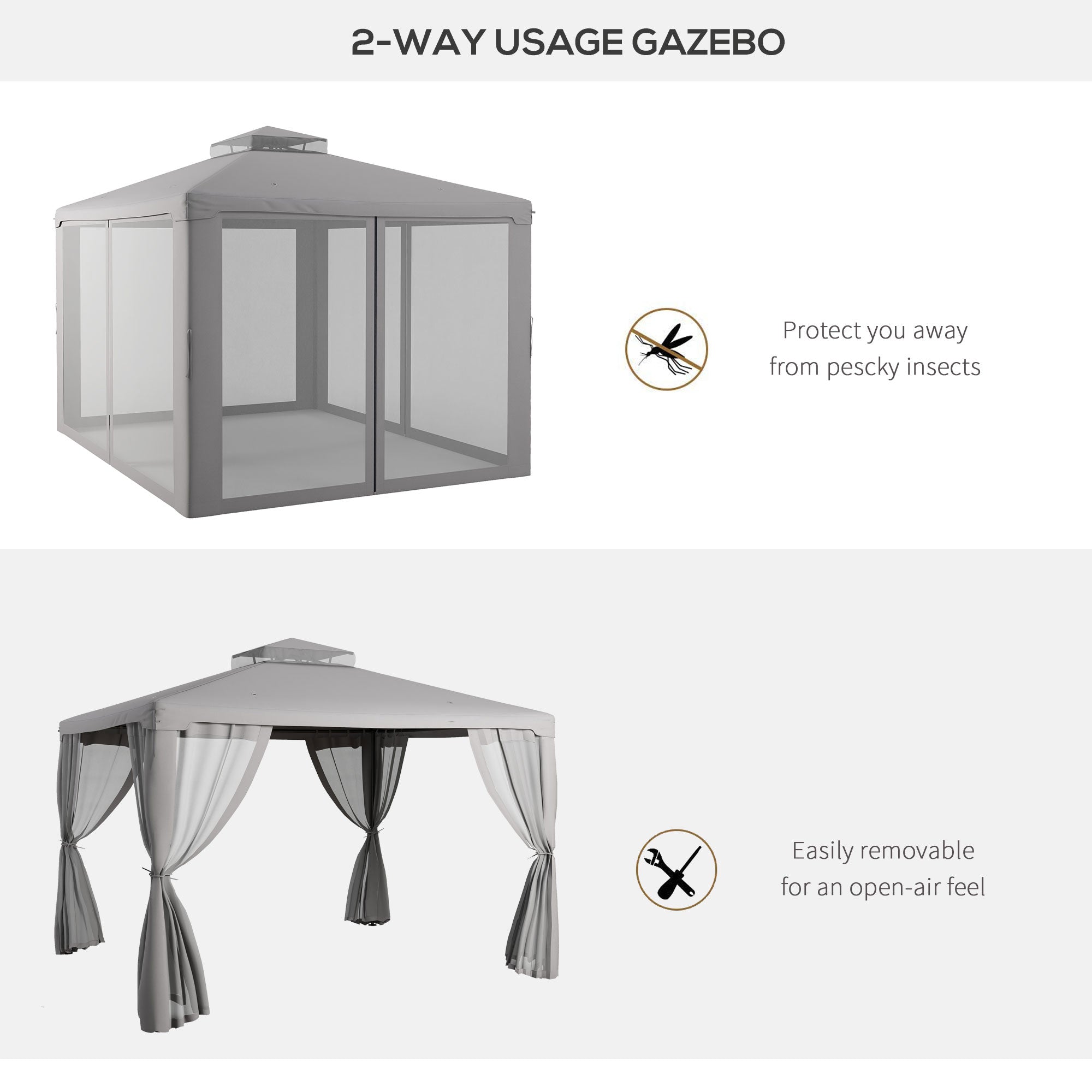 Outsunny 12' x 10' Patio Gazebo Outdoor Pavilion 2 Tire Roof Canopy Shelter Garden Event Party Tent Yard Sun Shade Steel Frame w/ Mosquito Netting, Light Grey