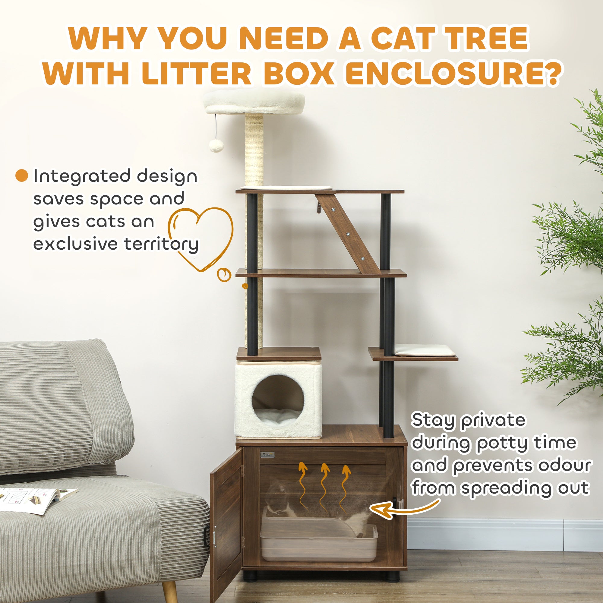 PawHut 68.5" Cat Tree with Litter Box Enclosure, 2 in 1 Cat Tower for Indoor Cats, Hidden Litter Box Furniture with Scratching Posts, Washable Cushions, Condo, Bed, Ladder, Dangling Ball Toy, Brown