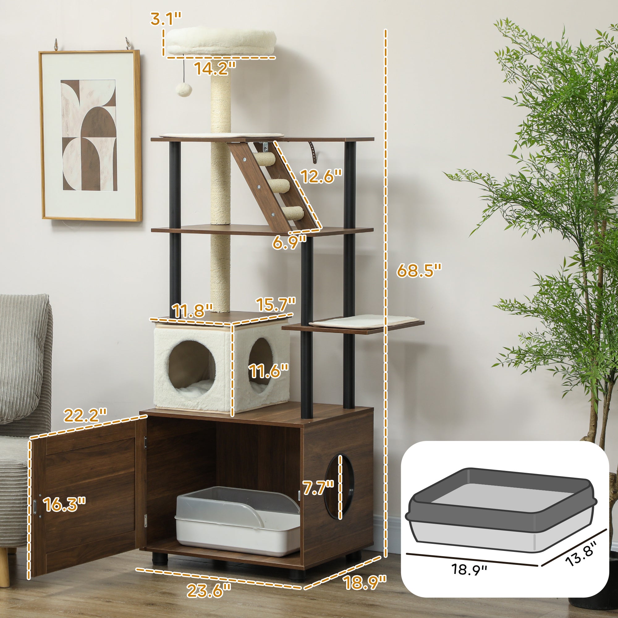 PawHut 68.5" Cat Tree with Litter Box Enclosure, 2 in 1 Cat Tower for Indoor Cats, Hidden Litter Box Furniture with Scratching Posts, Washable Cushions, Condo, Bed, Ladder, Dangling Ball Toy, Brown