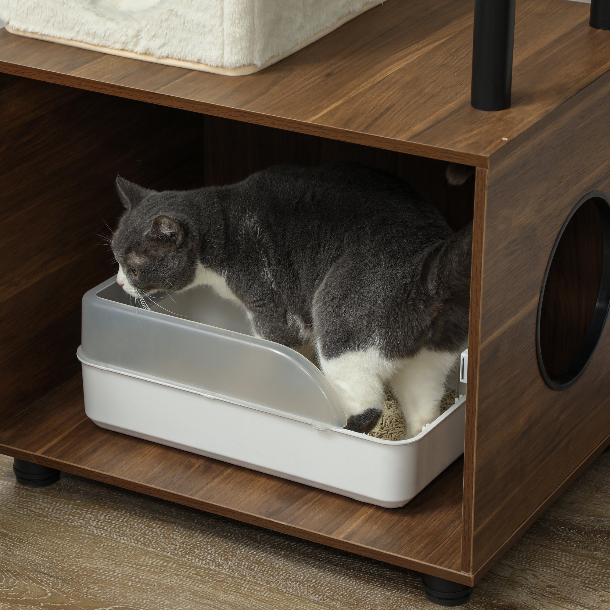 PawHut 68.5" Cat Tree with Litter Box Enclosure, 2 in 1 Cat Tower for Indoor Cats, Hidden Litter Box Furniture with Scratching Posts, Washable Cushions, Condo, Bed, Ladder, Dangling Ball Toy, Brown