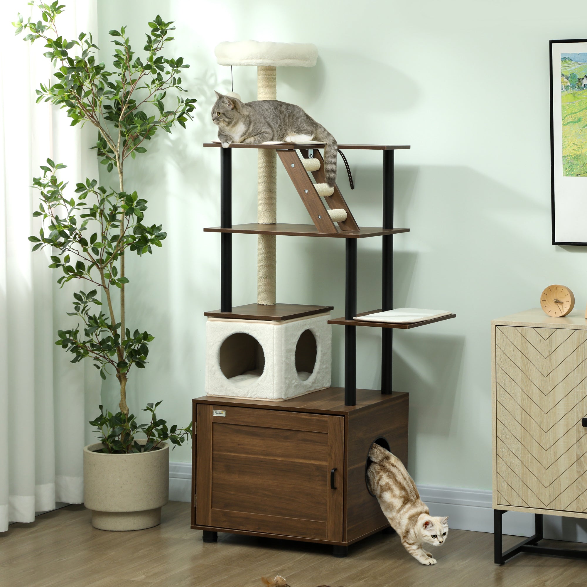 PawHut 68.5" Cat Tree with Litter Box Enclosure, 2 in 1 Cat Tower for Indoor Cats, Hidden Litter Box Furniture with Scratching Posts, Washable Cushions, Condo, Bed, Ladder, Dangling Ball Toy, Brown