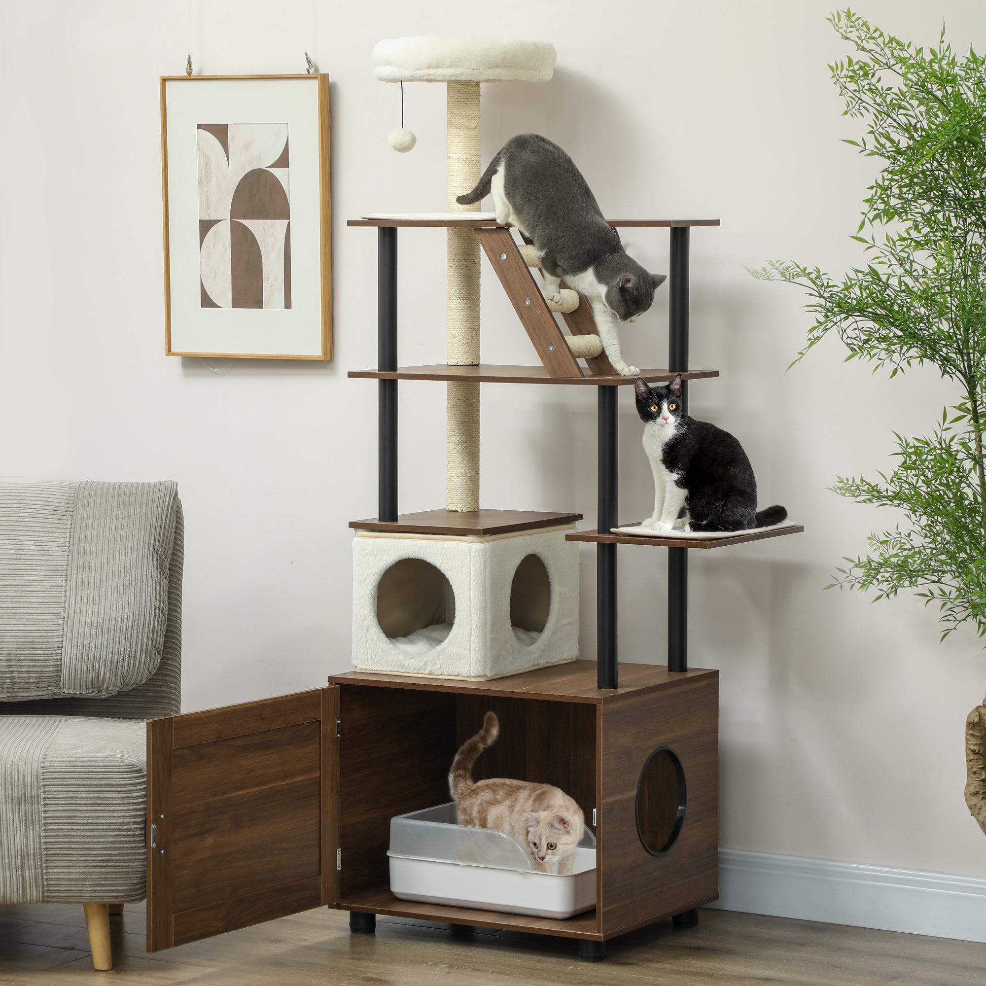PawHut 68.5" Cat Tree with Litter Box Enclosure, 2 in 1 Cat Tower for Indoor Cats, Hidden Litter Box Furniture with Scratching Posts, Washable Cushions, Condo, Bed, Ladder, Dangling Ball Toy, Brown
