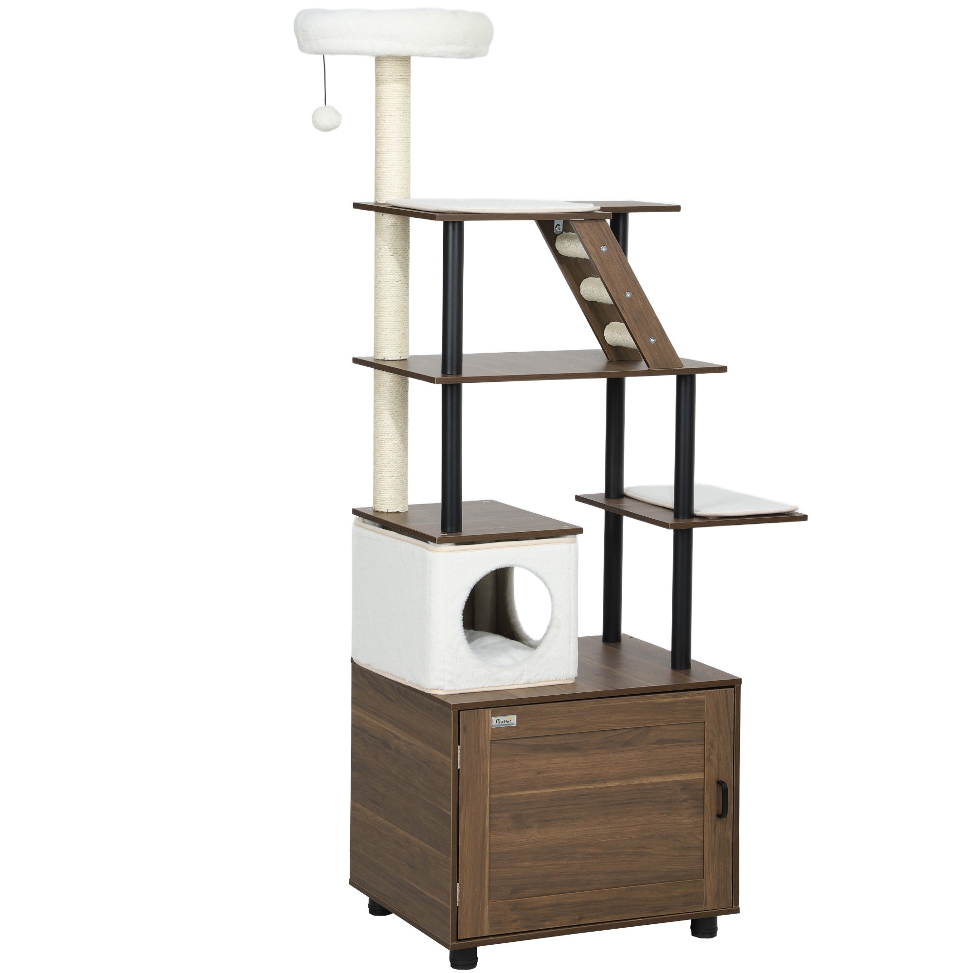 PawHut 68.5" Cat Tree with Litter Box Enclosure, 2 in 1 Cat Tower for Indoor Cats, Hidden Litter Box Furniture with Scratching Posts, Washable Cushions, Condo, Bed, Ladder, Dangling Ball Toy, Brown