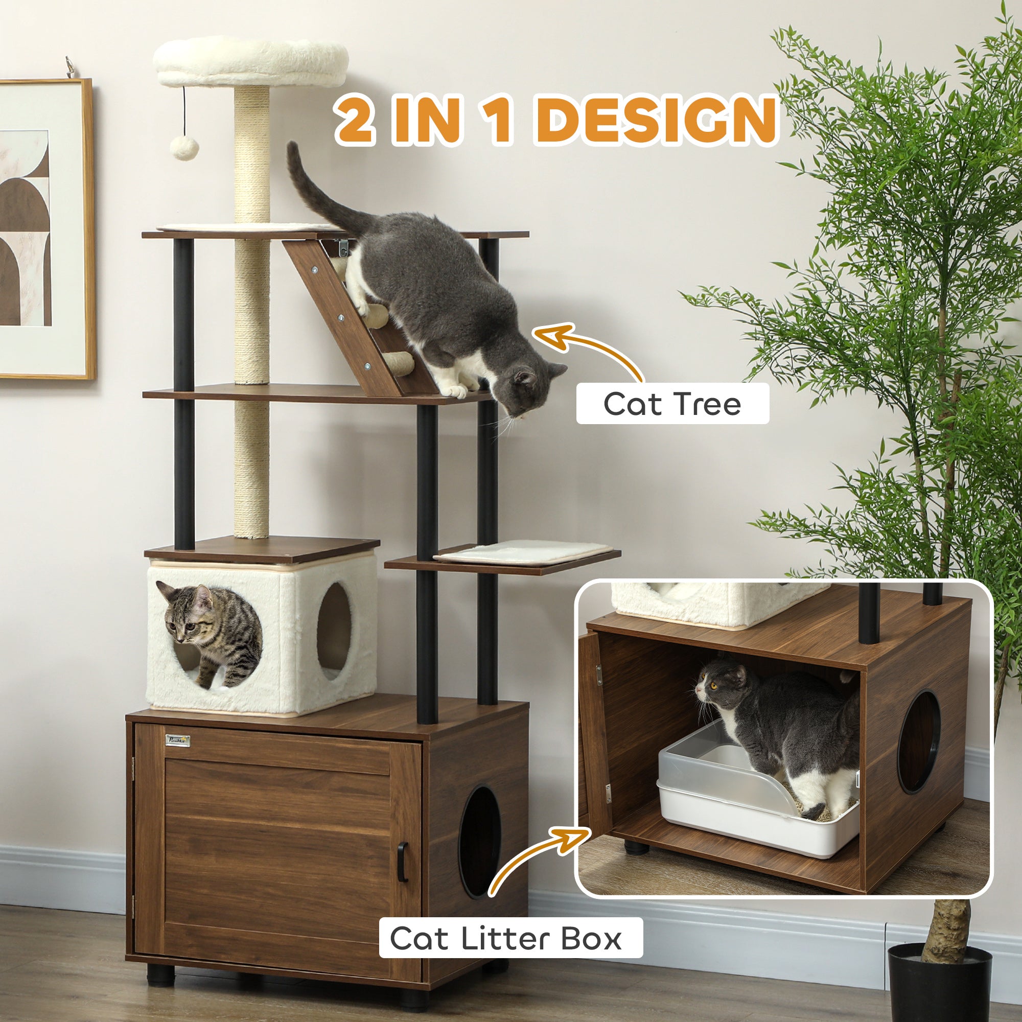 PawHut 68.5" Cat Tree with Litter Box Enclosure, 2 in 1 Cat Tower for Indoor Cats, Hidden Litter Box Furniture with Scratching Posts, Washable Cushions, Condo, Bed, Ladder, Dangling Ball Toy, Brown