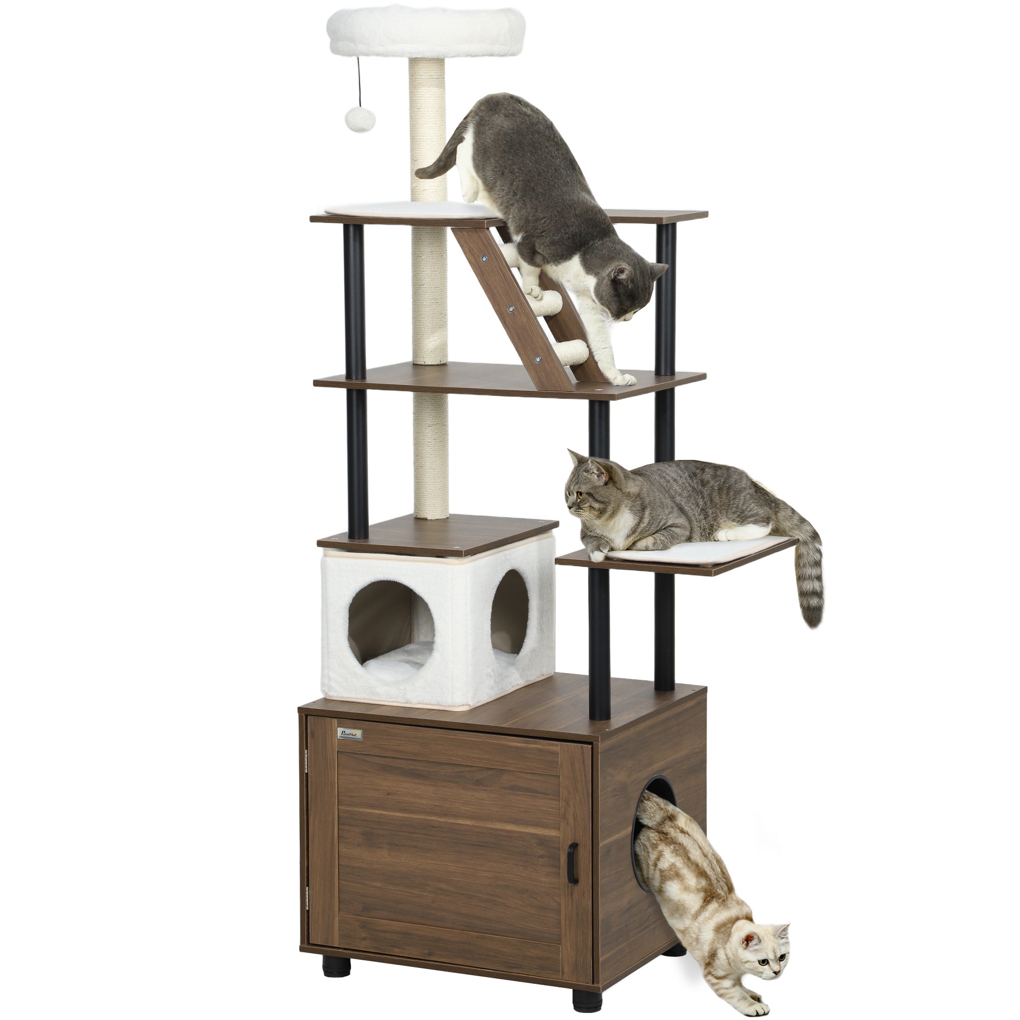 PawHut 68.5" Cat Tree with Litter Box Enclosure, 2 in 1 Cat Tower for Indoor Cats, Hidden Litter Box Furniture with Scratching Posts, Washable Cushions, Condo, Bed, Ladder, Dangling Ball Toy, Brown