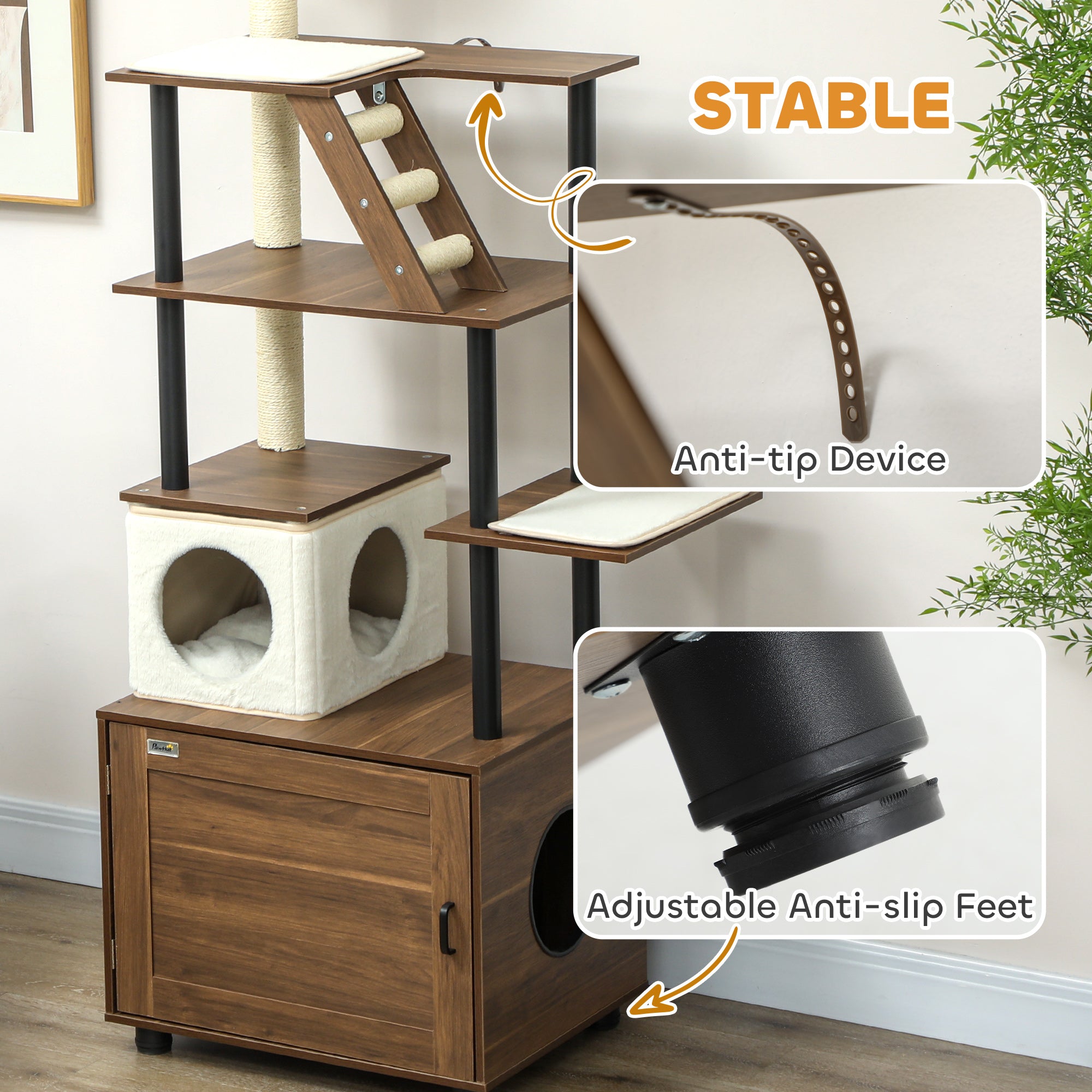 PawHut 68.5" Cat Tree with Litter Box Enclosure, 2 in 1 Cat Tower for Indoor Cats, Hidden Litter Box Furniture with Scratching Posts, Washable Cushions, Condo, Bed, Ladder, Dangling Ball Toy, Brown