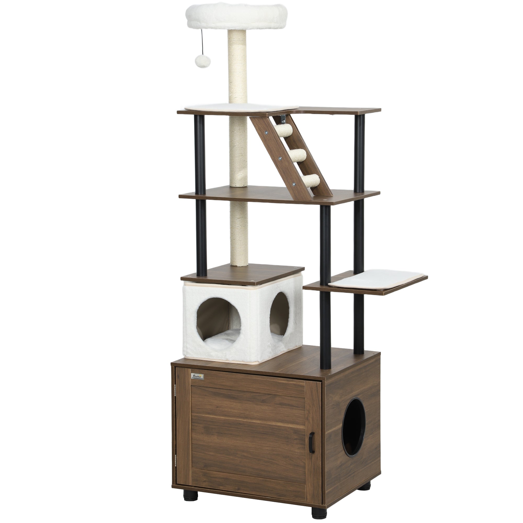 PawHut 68.5" Cat Tree with Litter Box Enclosure, 2 in 1 Cat Tower for Indoor Cats, Hidden Litter Box Furniture with Scratching Posts, Washable Cushions, Condo, Bed, Ladder, Dangling Ball Toy, Brown