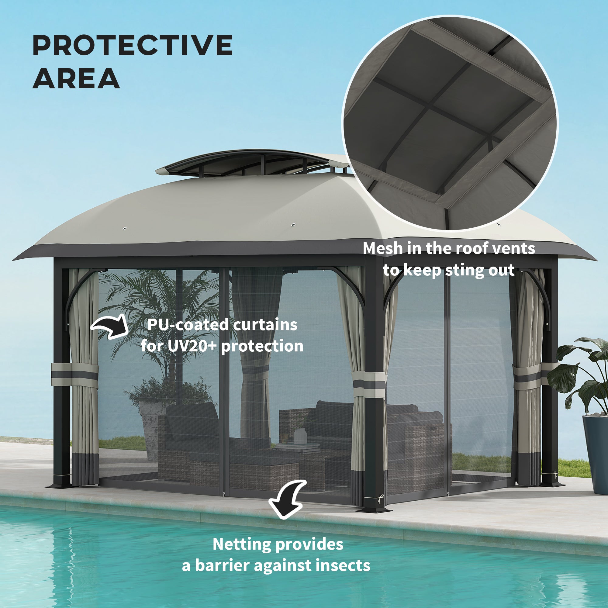 Outsunny 11' x 13' Patio Gazebo, Double Roof Outdoor Gazebo Canopy Shelter with Netting & Curtains, Galvanized Metal Frame for Garden, Lawn, Backyard and Deck, Light Grey