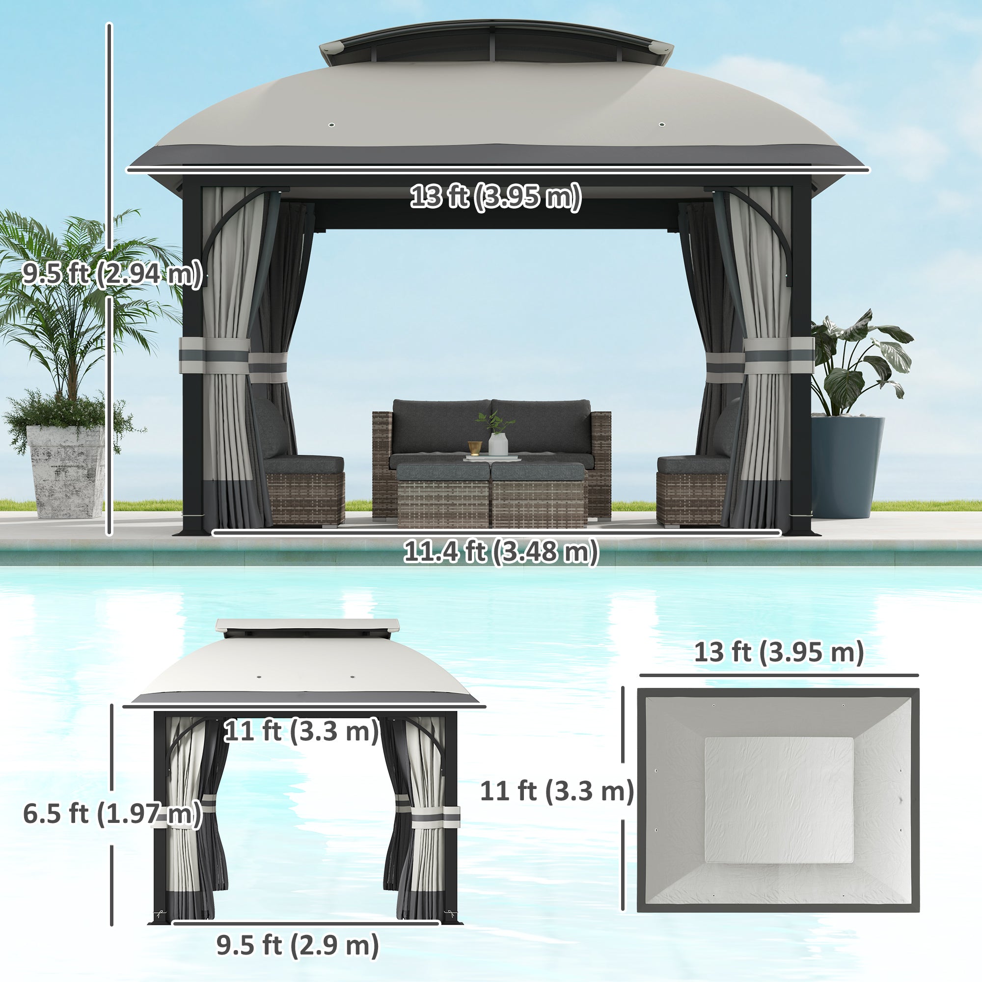 Outsunny 11' x 13' Patio Gazebo, Double Roof Outdoor Gazebo Canopy Shelter with Netting & Curtains, Galvanized Metal Frame for Garden, Lawn, Backyard and Deck, Light Grey